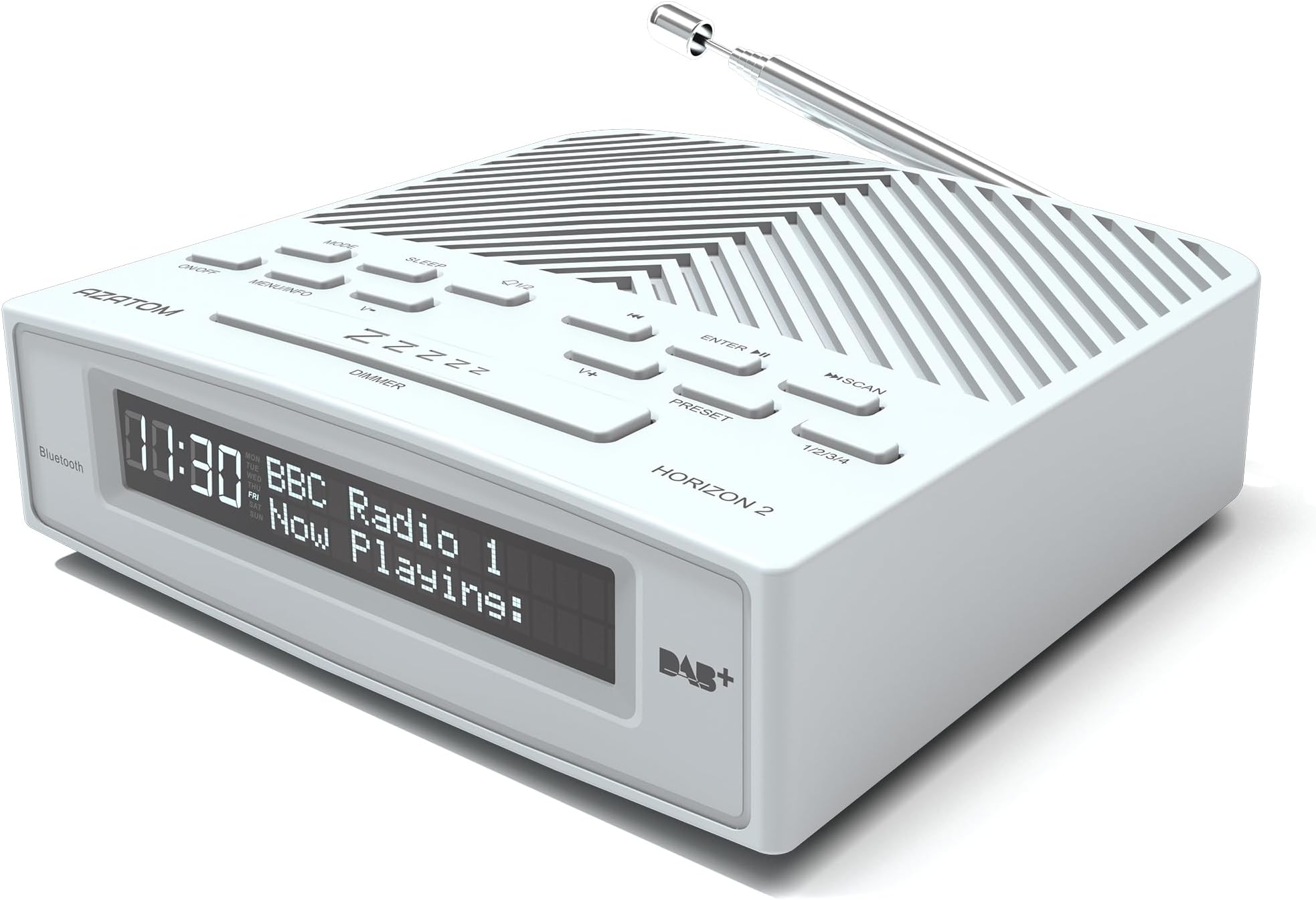 DAB/DAB+ & FM Bedside Digital Radio | Dual Alarms & Sleep Timer | USB Device Charging | Mains Powered | Bluetooth | Perfect for the Bedroom | AZATOM Horizon 2 (White)