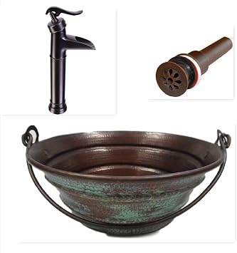15" Round Bucket with Green Patina Exterior, Daisy Drain, and ORB Faucet