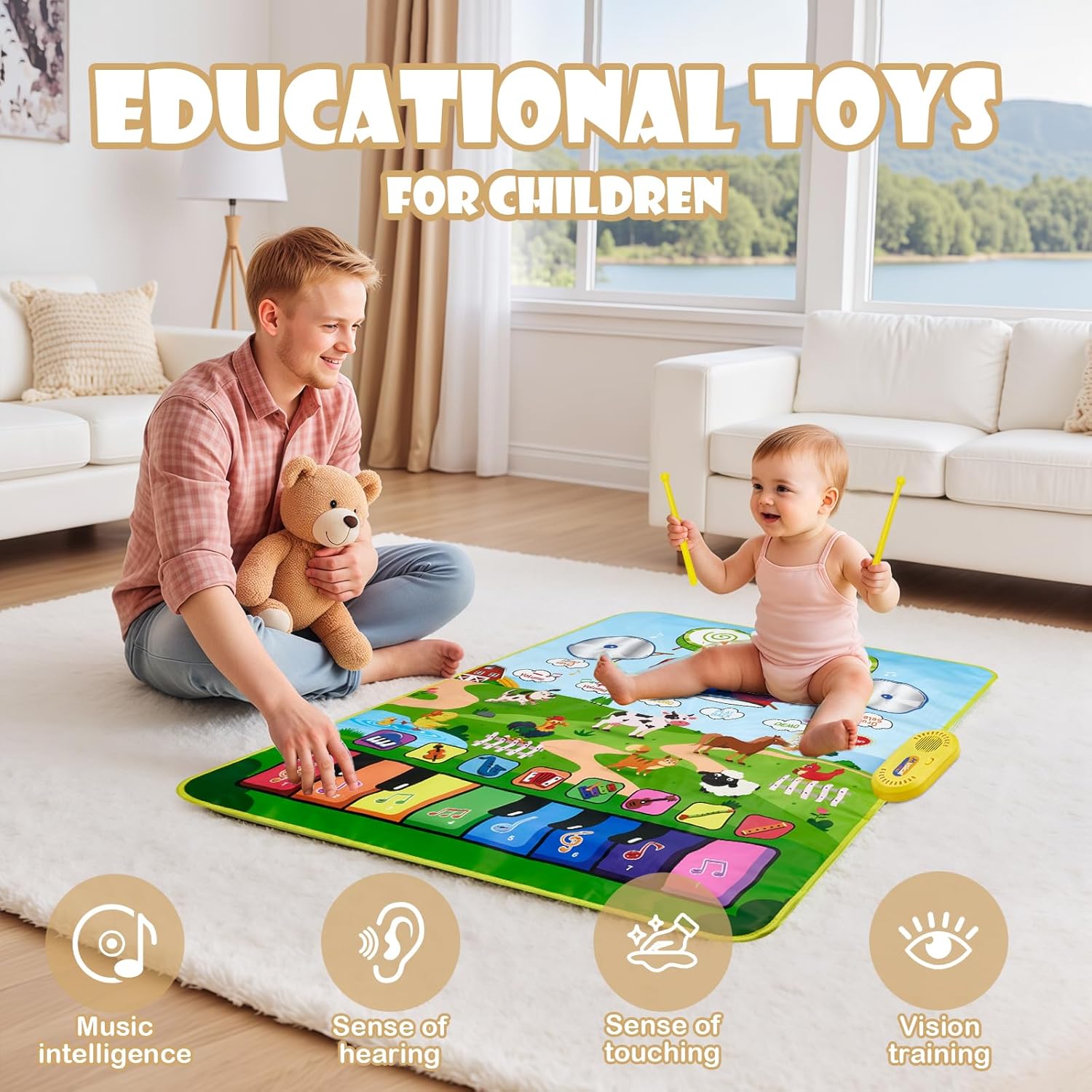 Baby Musical Play Mat,Early Educational 3 in 1 Floor Piano Drum Animal Play Blanket Montessori Sensory Musical Learning Toys,Baby 1-3 Birthday (Green Farm Pattern-35.4"*27.5 ")