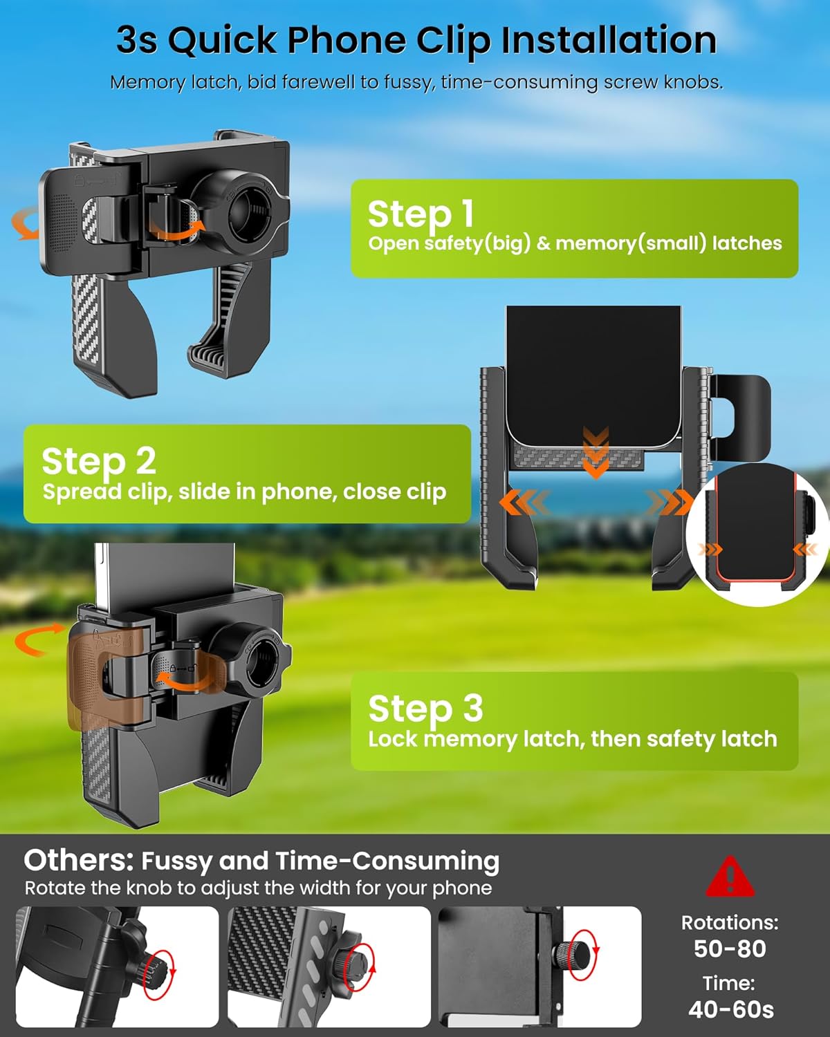 Golf Cart Phone Holder Mount - 3s Phone Clip Install, 1s Lock & Release,Phone Caddy for iPhone Galaxy & More Fits Yamaha Club Car EZGO Icon, Golf Cart Accessories Essentials Gift for Men Women - Image 3