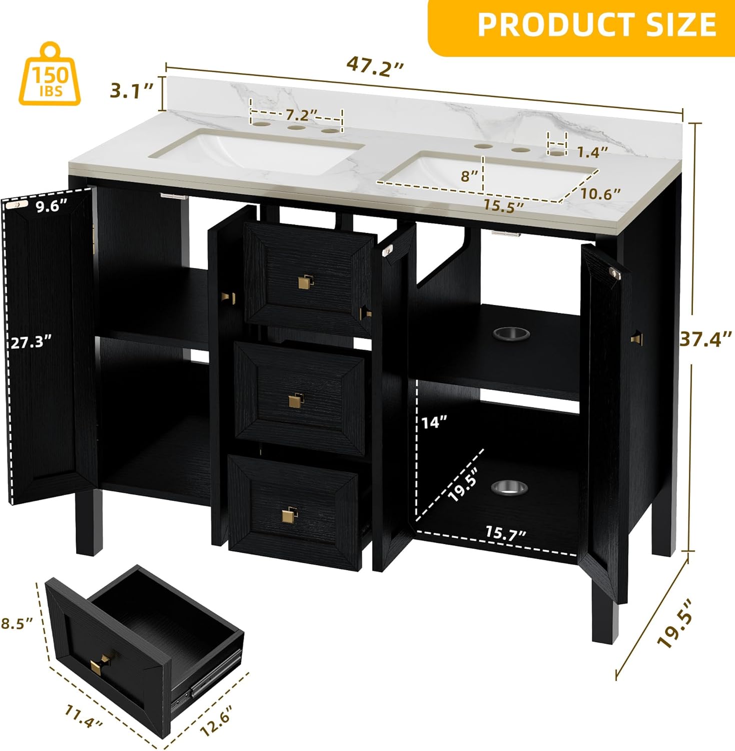 DWVO 47 Inch Bathroom Vanity with Double Sink, Retro Bathroom Storage Cabinet with Sintered Stone Countertop, Six Holes, 4 Doors & 3 Drawers
