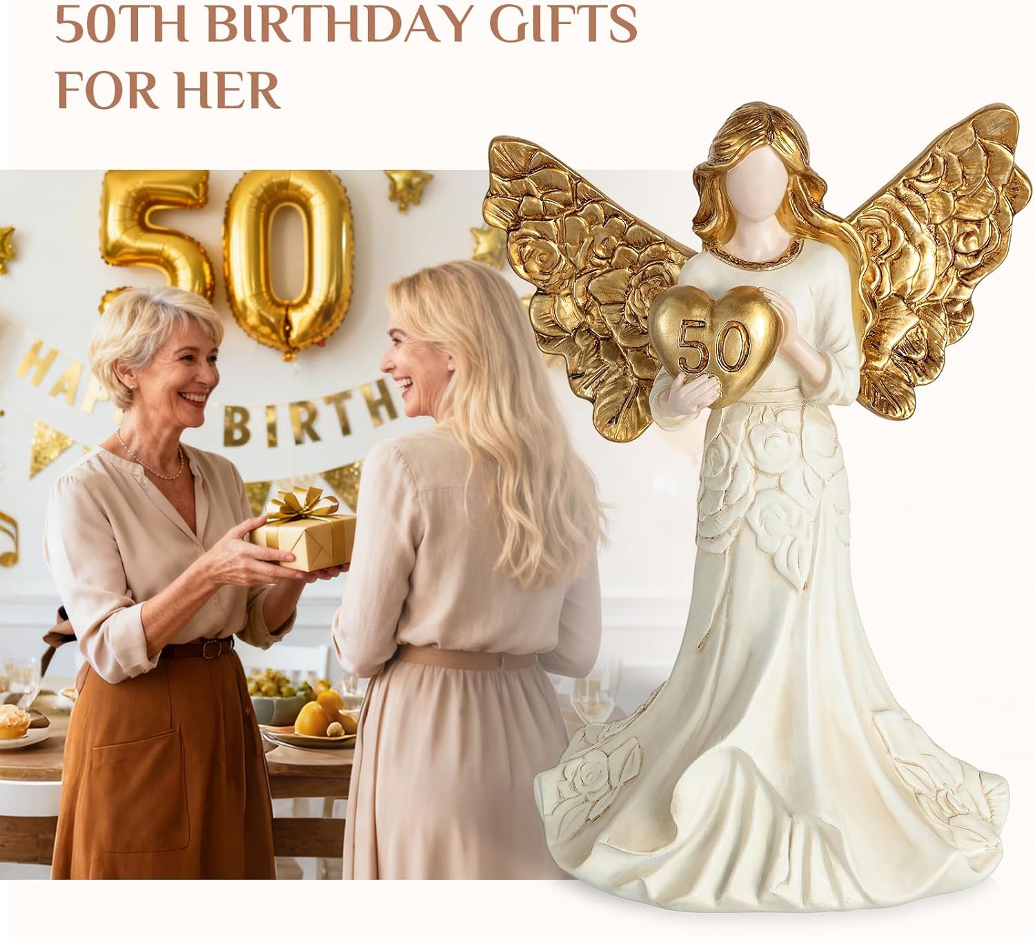 50th Birthday Gifts for Her: Happy Birthday Present for Women Mom Daughter Sister Friends - 50th Wedding Anniversary Gold Angel Figurine Decorations - Image 5
