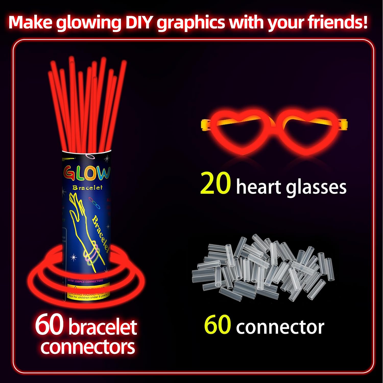 60 Pack 8” Red Glow Sticks Bulk Bright Glow Sticks with 60 Connectors 20 Heart Glasses Glow In The Dark Party Supplies Neon Party Decorations Glow Bracelet Glasses for Holiday Carnival(Red) image 2
