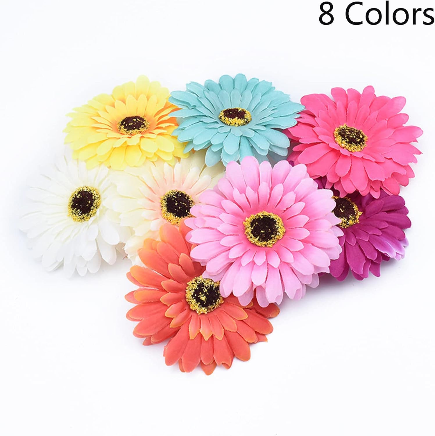 50PCS Fake Flower Heads in Bulk, Artificial Daisy Heads Gerbera Flowers Head for Crafts Home Wedding Decoration DIY Wreath Decor (8 Colors Mixed)