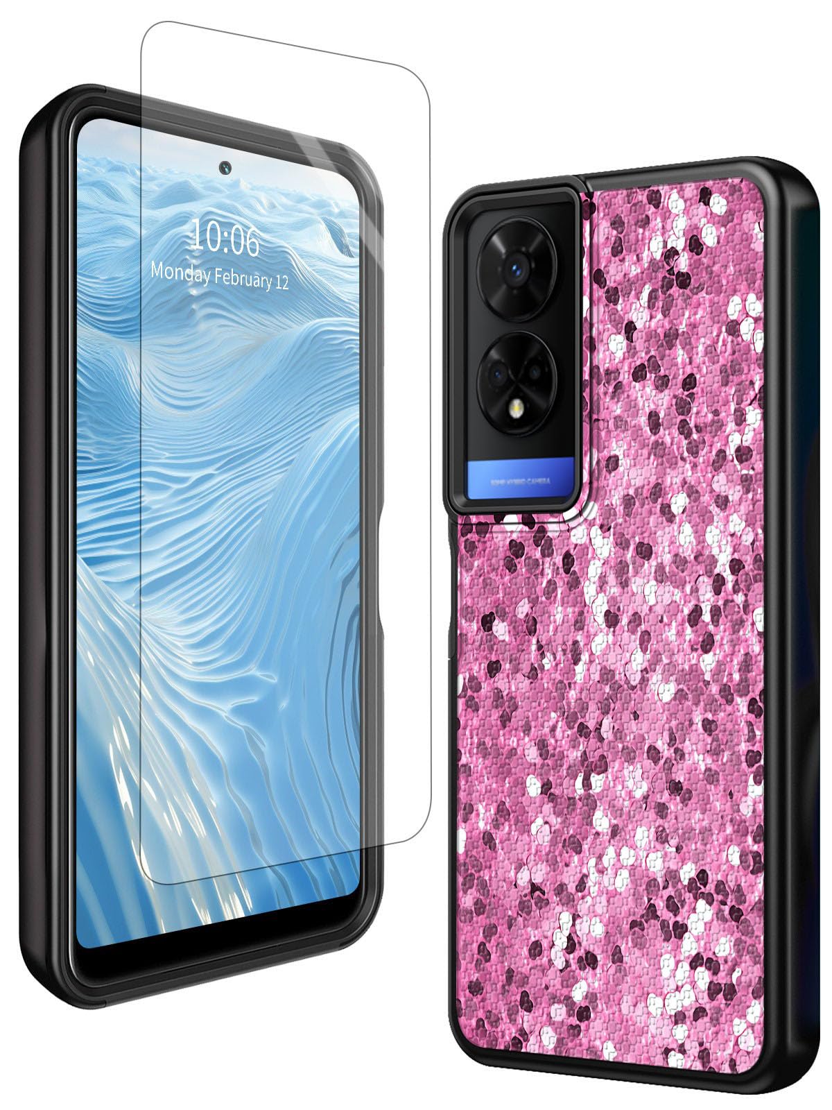 GFRGTFHYT for TCL 50 XE 5G Phone Case T614D 6.56" 2024 with Tempered Glass Screen Protector Pink Glitter Heavy Duty Protection Dual Layer Soft TPU &