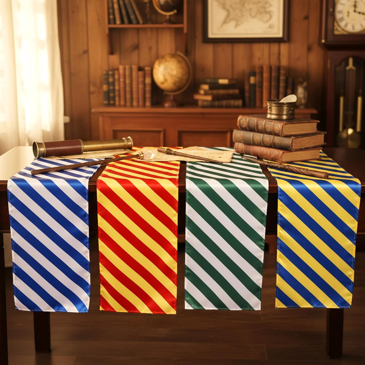 Hahafelt 4 Pcs Wizard Table Runner Red Golden Green Blue Stripes Party Decoration Witch Birthday Dining Room Home Kitchen Island Decor Table Cover Runner Themed Party Supplies