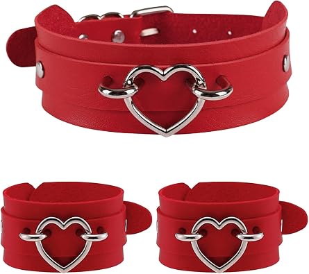 3Pcs Leather Choker Collar Set,Heart Necklace Wide Wrist Bracelets Combo Punk Gothic Cosplay Sexy Collars for Women