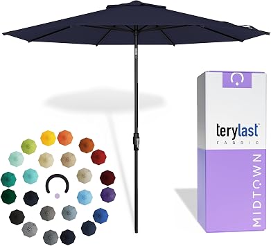 The Swilt 9 Feet Outdoor Umbrella With Terylast Navy Navy Blue Polyester Fabric - Fiberglass Ribs, Auto-Tilt And Swivel Aluminum Frame Patio Umbrella For Deck, Garden, Pool - Black Pole