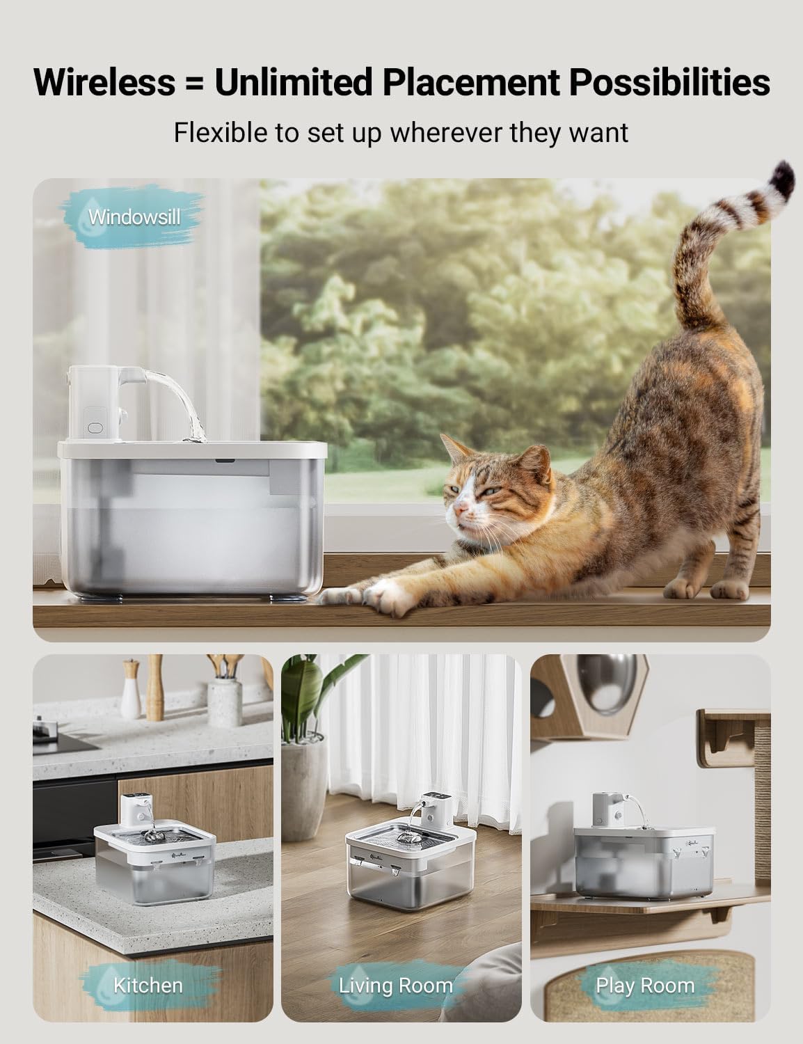 DownyPaws White Stainless Steel Cat Water Fountain Battery Operated Wireless with 6pcs Filter Replacement for 3 Months