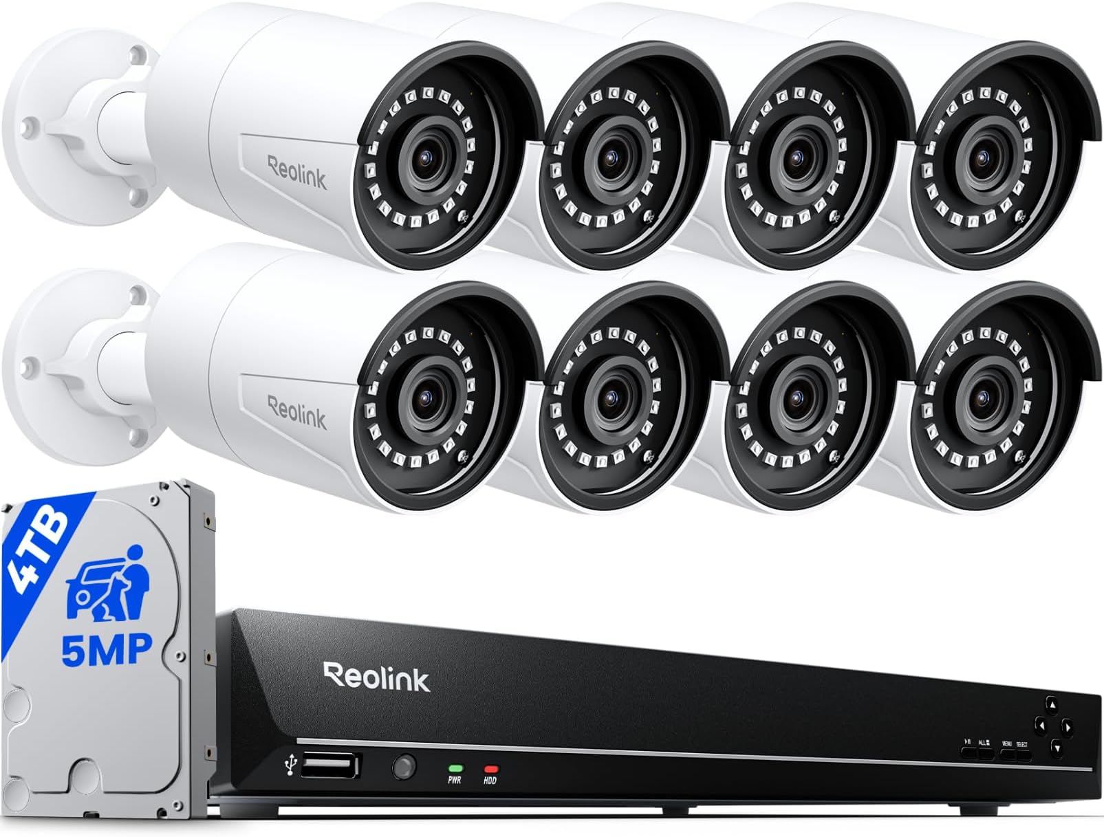16CH 5MP Home Security Camera System, 8pcs Wired Outdoor PoE IP Cameras with Person/Vehicle/Pet Detection, 8MP 16CH NVR with 4TB HDD for 24-7 Recording, RLK16-410B8-5MP