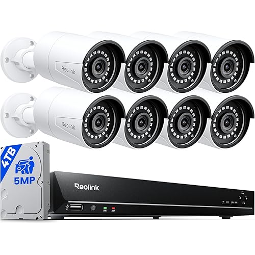 REOLINK 16CH 5MP Home Security Camera System, 8pcs Wired Outdoor PoE IP Cameras with Smart Detection, 8MP 16CH NVR with 4TB HDD for 24-7 Recording, High Bitrate & Clear Stream, RLK16-410B8-5MP