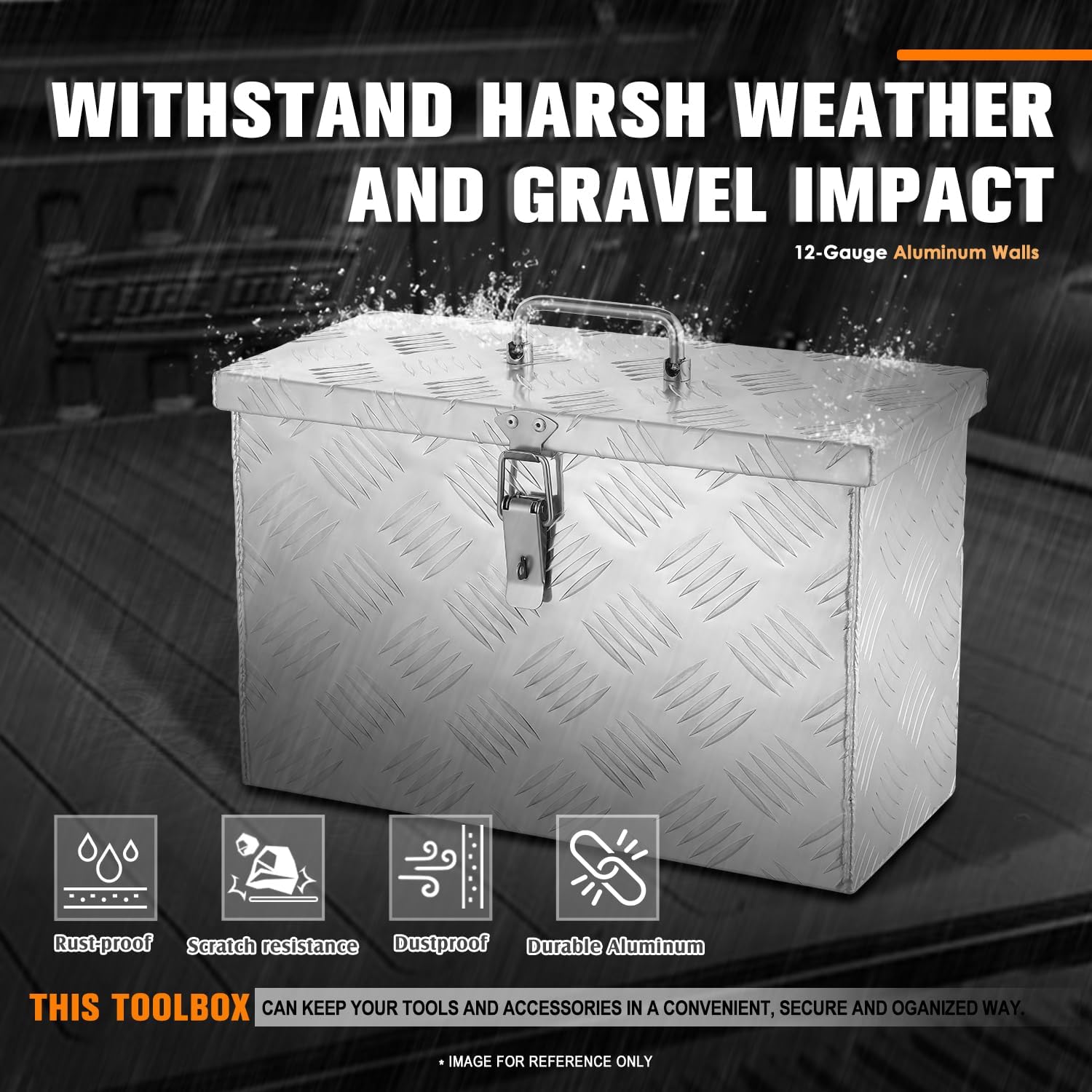 PM PERFORMOTOR Heavy Duty Diamond Plate Tool Box, Waterproof Square Truck Storage Organizer Chest, with Fixed Top Handle, Latch with Hole, 15.9'W x 7.5"D x 10.2"H, Silver