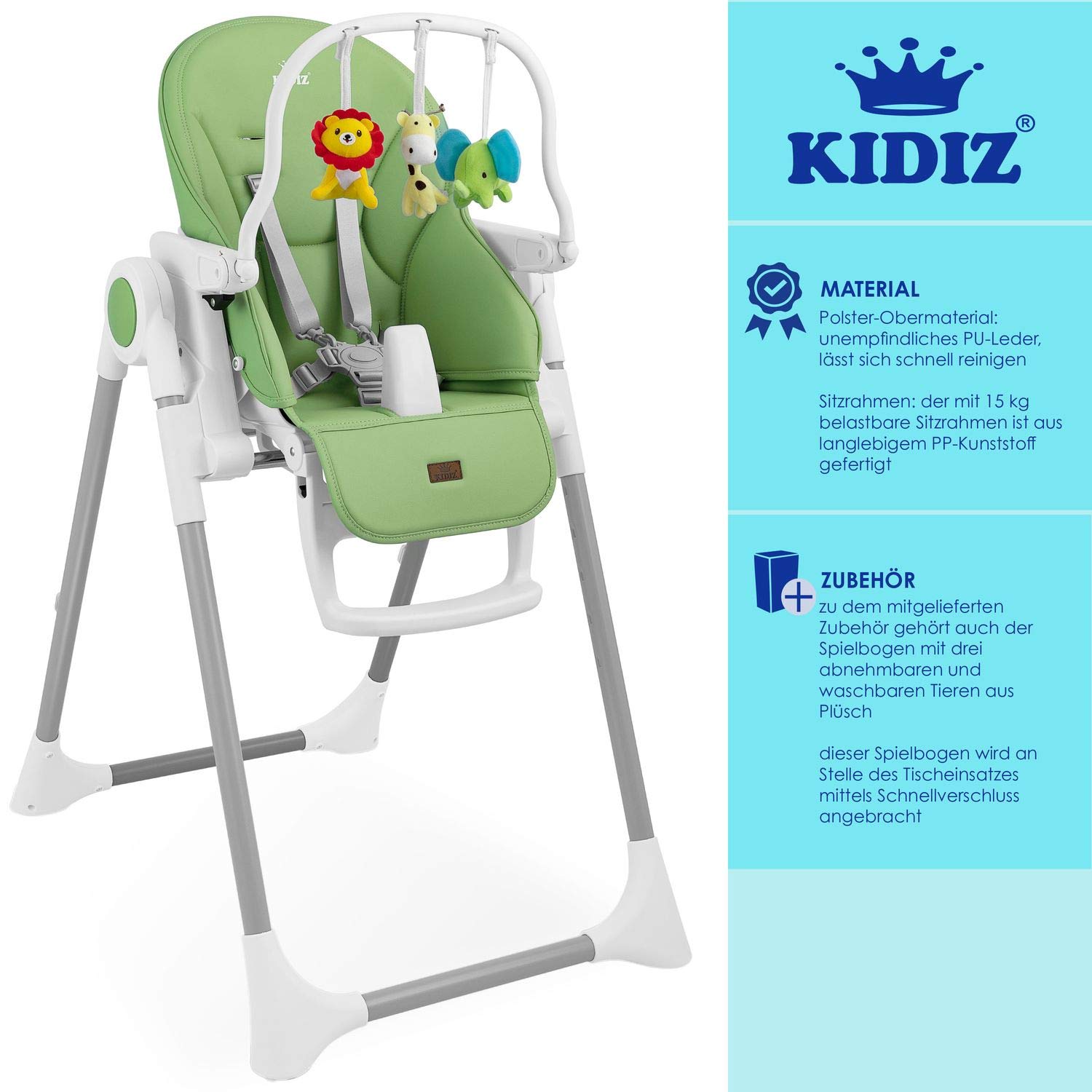 KIDIZ® 3 in 1 Seggiolone Seggiolone per bambini con barra dei giochi, Lettino per bambini, Seggiolone combinato Seggiolone per bambini, Schienale regolabile in 7 diverse altezze, verde
