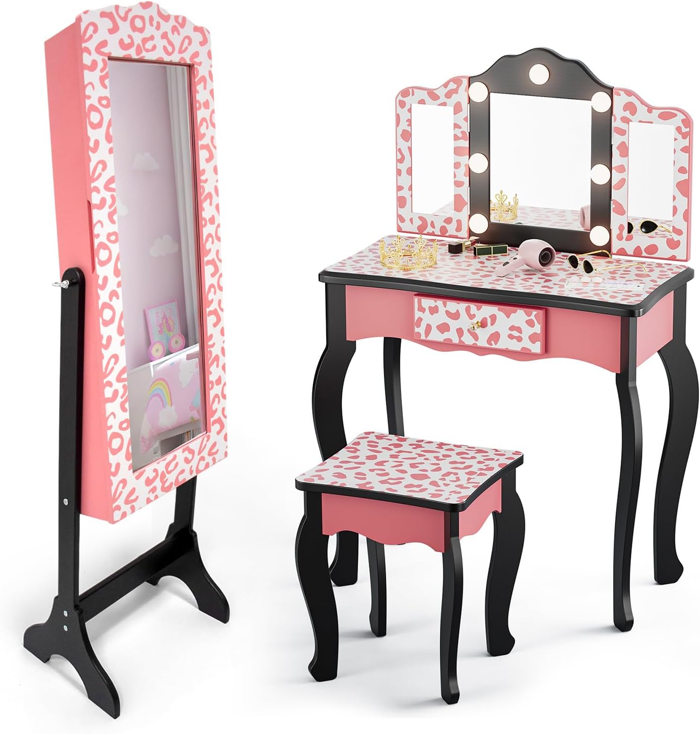 JOYMOR Kids Vanity & Jewelry Armoire Cabinet, Lighted Vanity Set with Stool, Leopard Print Armoire & Storage Drawers, Tri-Fold Mirror for Girls (Pink)