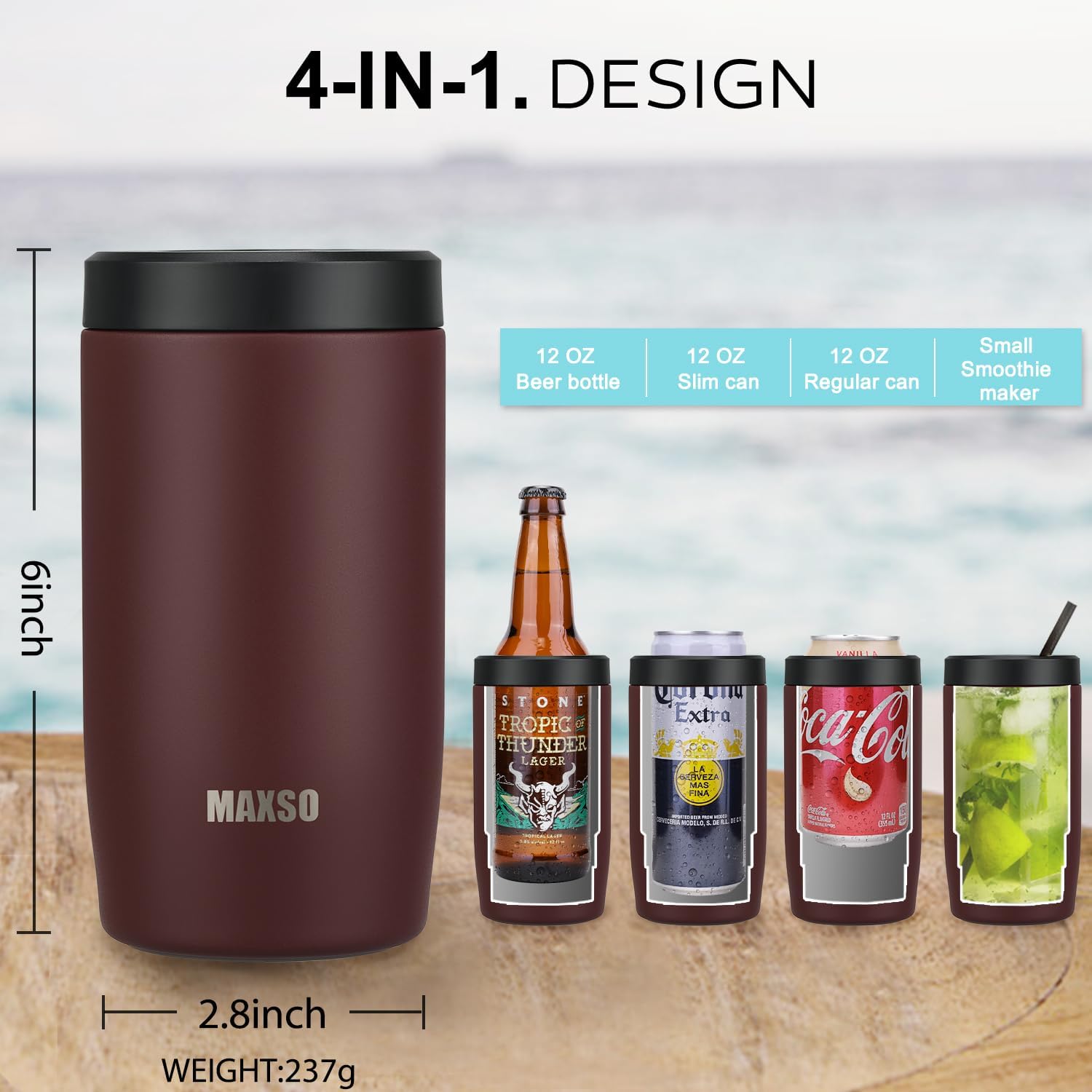4-in-1 Slim Can Cooler Easy to Hold Insulated Beer Can Holder Double-walled Stainless Steel for All 12 Oz Cans (Burgundy) image 5