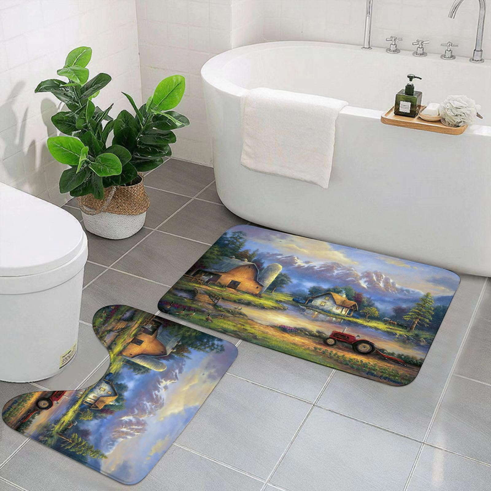 AELKSP 2 Piece Non Slip Bathroom Rugs Set,Luxury Thick Microfiber Shaggy Bath Mat Sets,Small Farm Trees Tractor Barn,Machine Washable Bathroom Mats Carpet