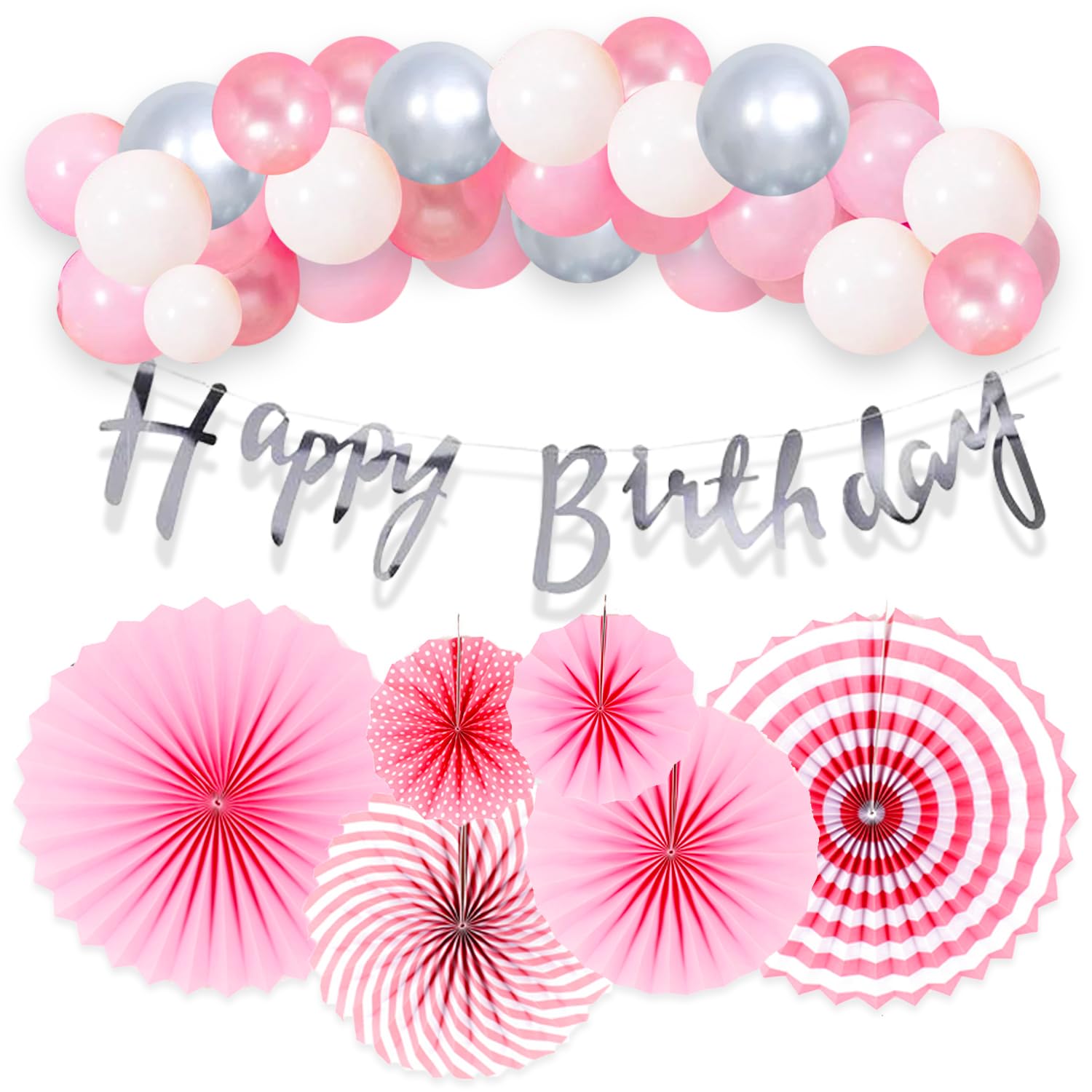 Party Propz Pink Birthday Decoration 33Pcs Combo with Paper Fan
