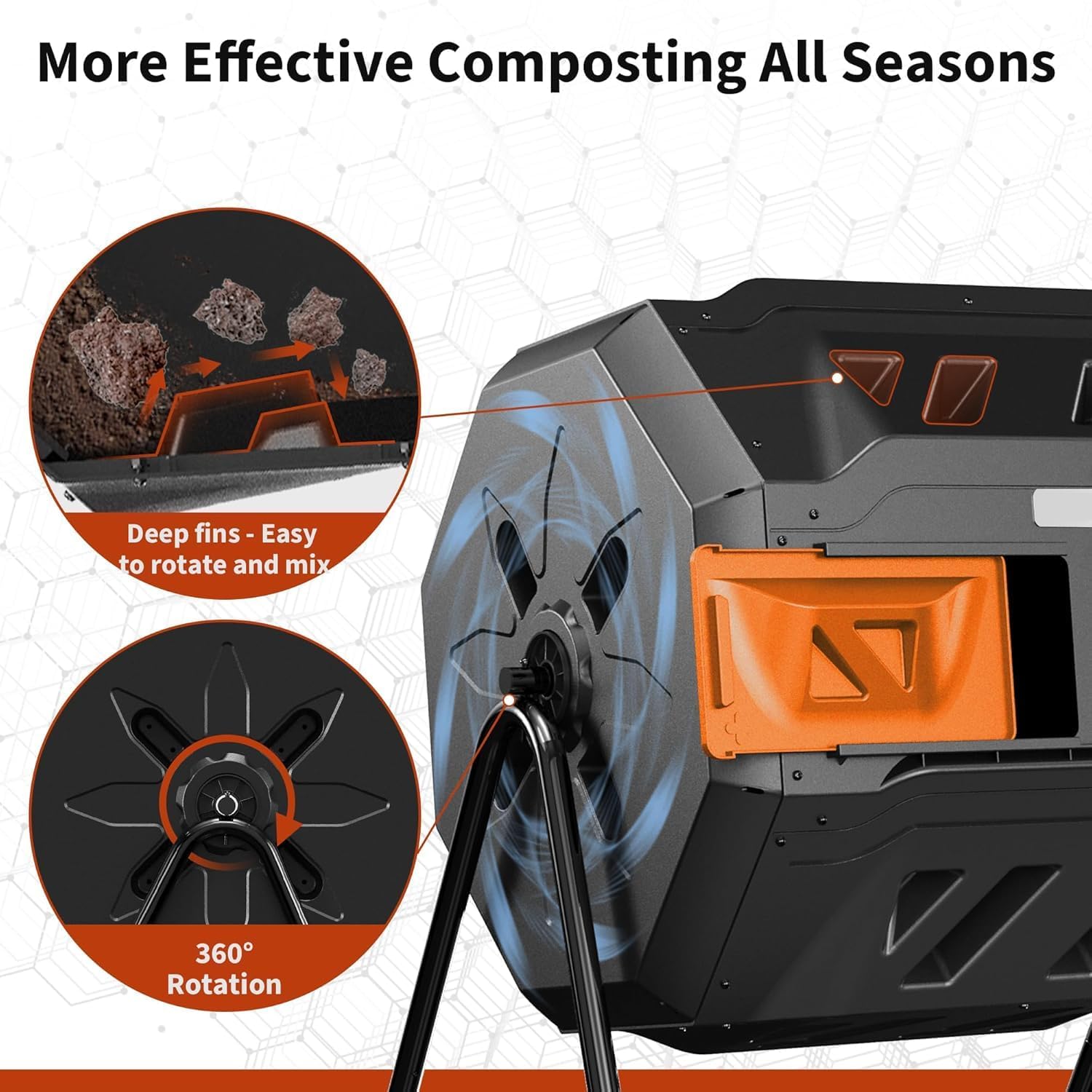 43-Gal Dual Chamber Compost Tumbler Outdoor, 360° Rotating Compost Bin with Steel Frame, Aeration System & 2 Sliding Doors for Kitchen, Garden, Yard - Black Orange
