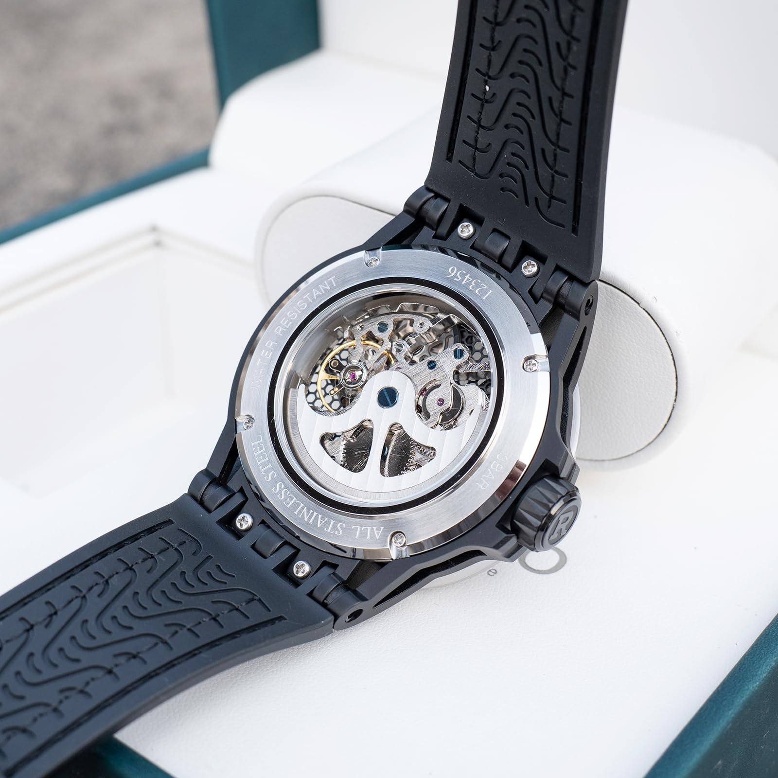 OBLVLO Męski 46 mm mechaniczny automatyczny zegarek maszynowy z wydrążoną tarczą 50 m wodoodporny gumowy pasek wojskowy zegarek RD-901