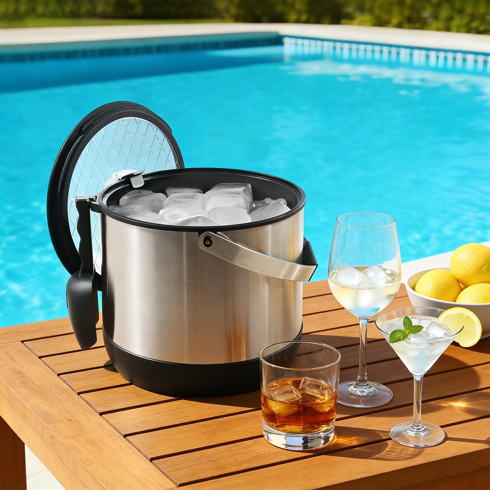Contenitore per cubetti di ghiaccio da 4,8 l, con coperchio e pala, in acciaio inox, senza BPA, a doppia parete, per cocktail bar e feste