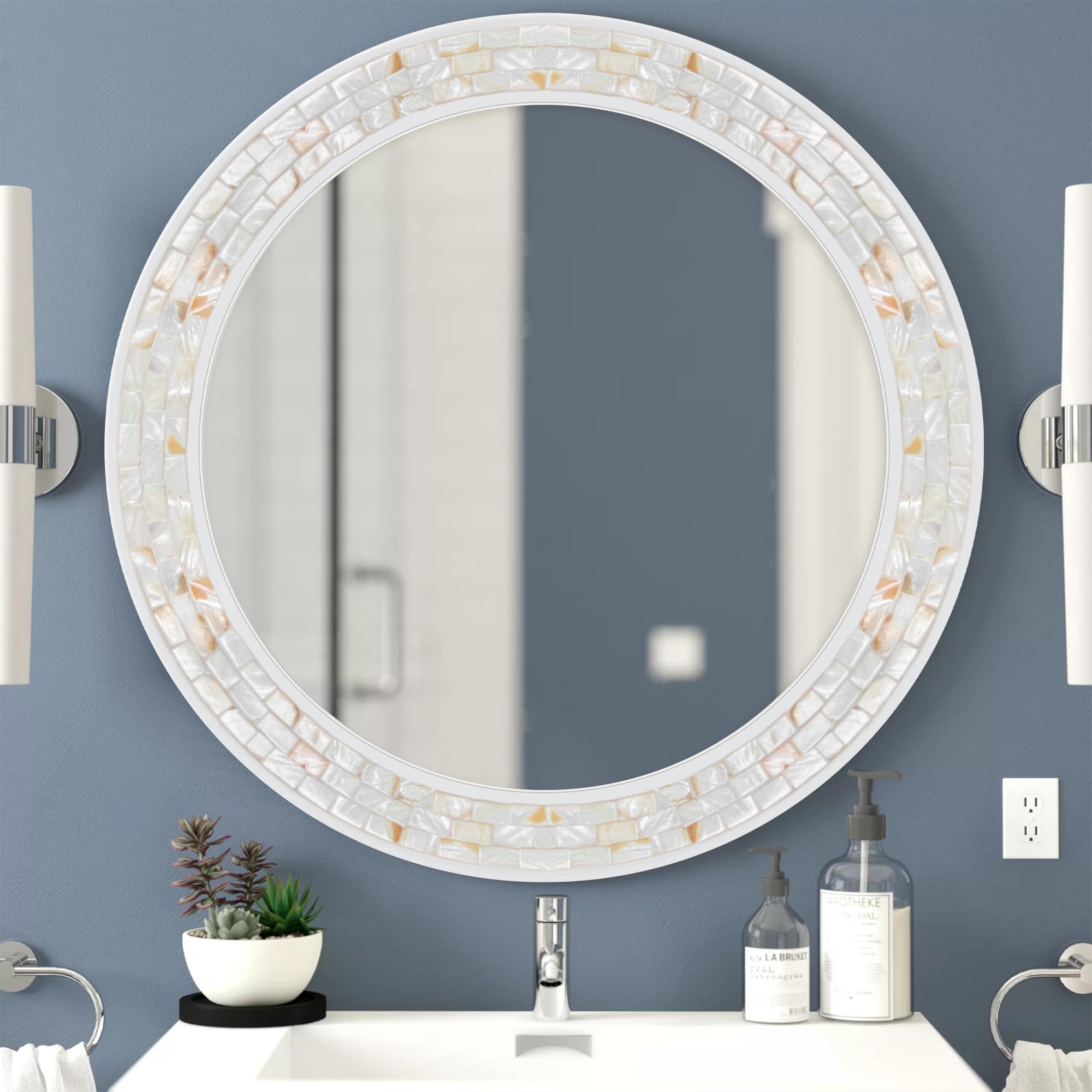 DUQIMO White Round Mirror 30 Inch, Natural Mother of Pearl Inlay Circle Wall Mirror, Mosiac Round Mirror for Bathroom Dresser, Bedroom Hallway and Living Room