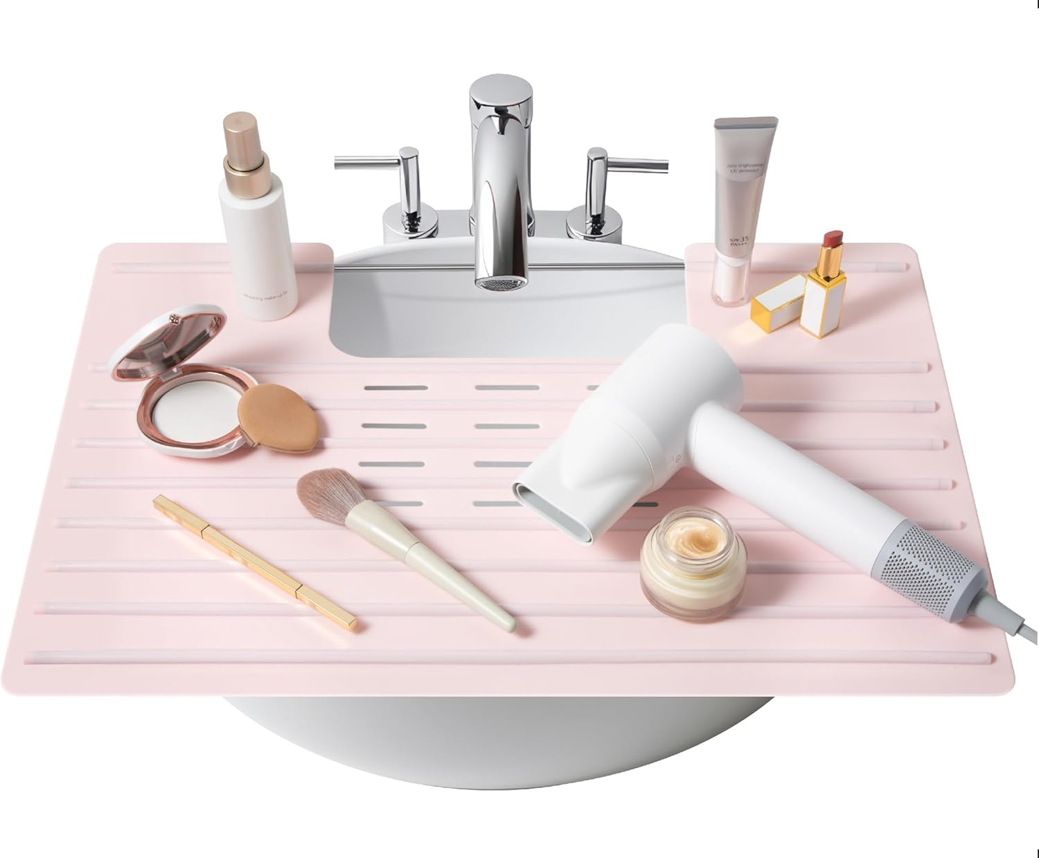 Bathroom Foldable Sink Cover for Counter Space - Sink Topper - Heat Resistant Silicone Mat & Over Sink Makeup Mat - Small Bathroom Space Tool - Bathroom Space Saver Sink Cover for Makeup (Rose Pink)