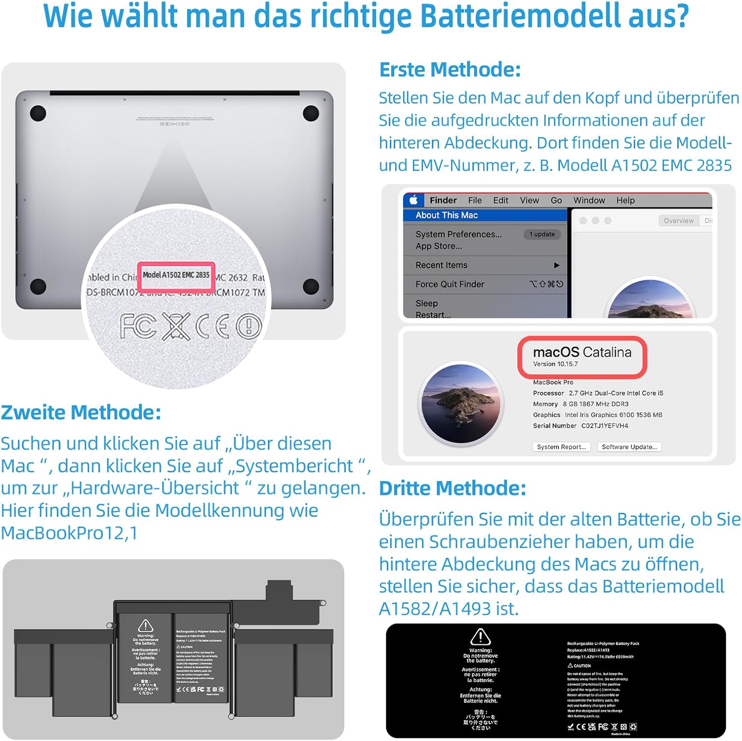 A1502 Battery Replacement, A1582 A1493 Battery for MacBook Pro Retina 13 Inch (Late 2013 Mid 2014 Early 2015) EMC: 2678 2875 2835 11.42V 74.9Wh (A1502 A1582 A1493 Battery Set)