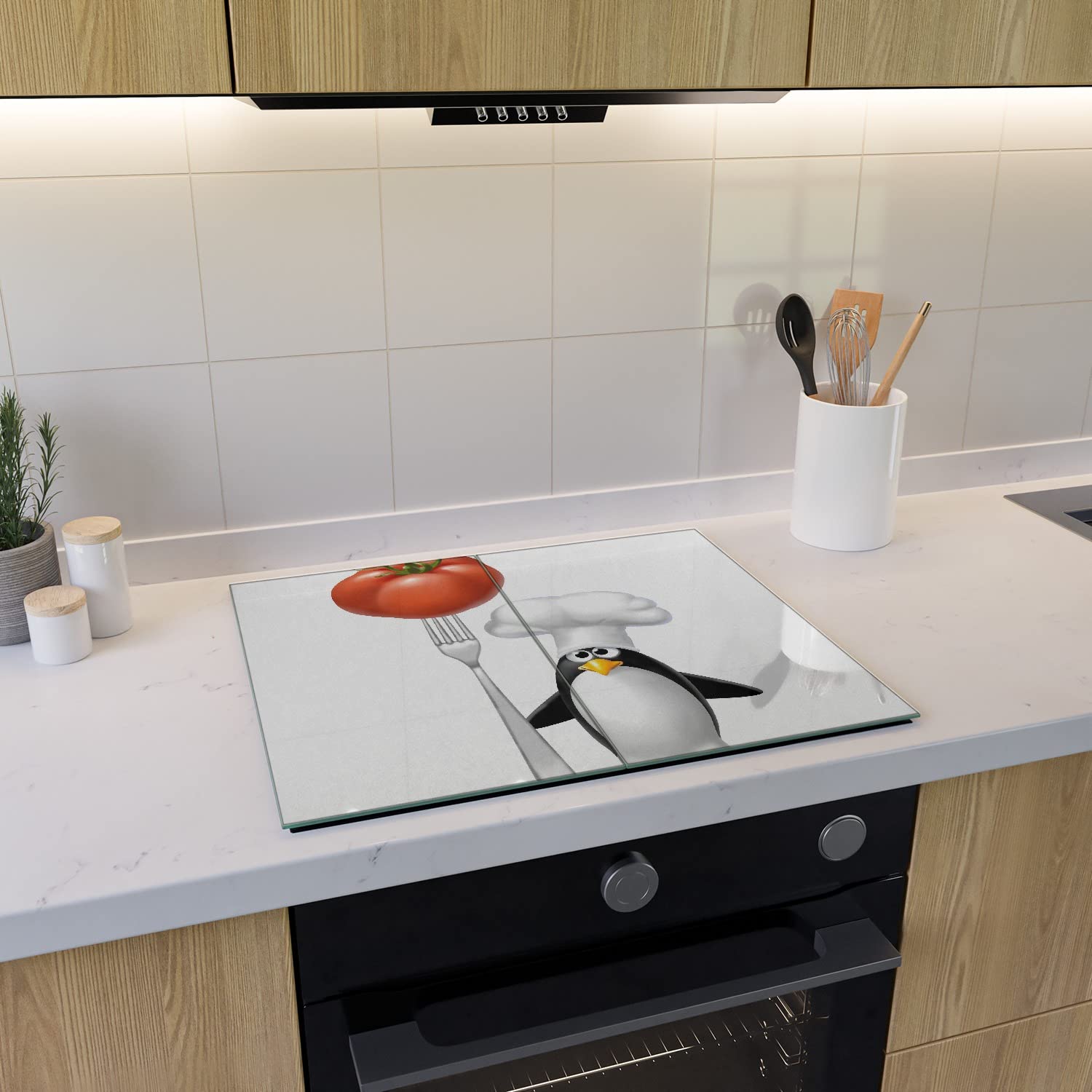 Wallario Herdabdeckplatte/Spritzschutz aus Glas, 2-teilig, 60x52cm, für Ceran- und Induktionsherde, Pinguin Koch