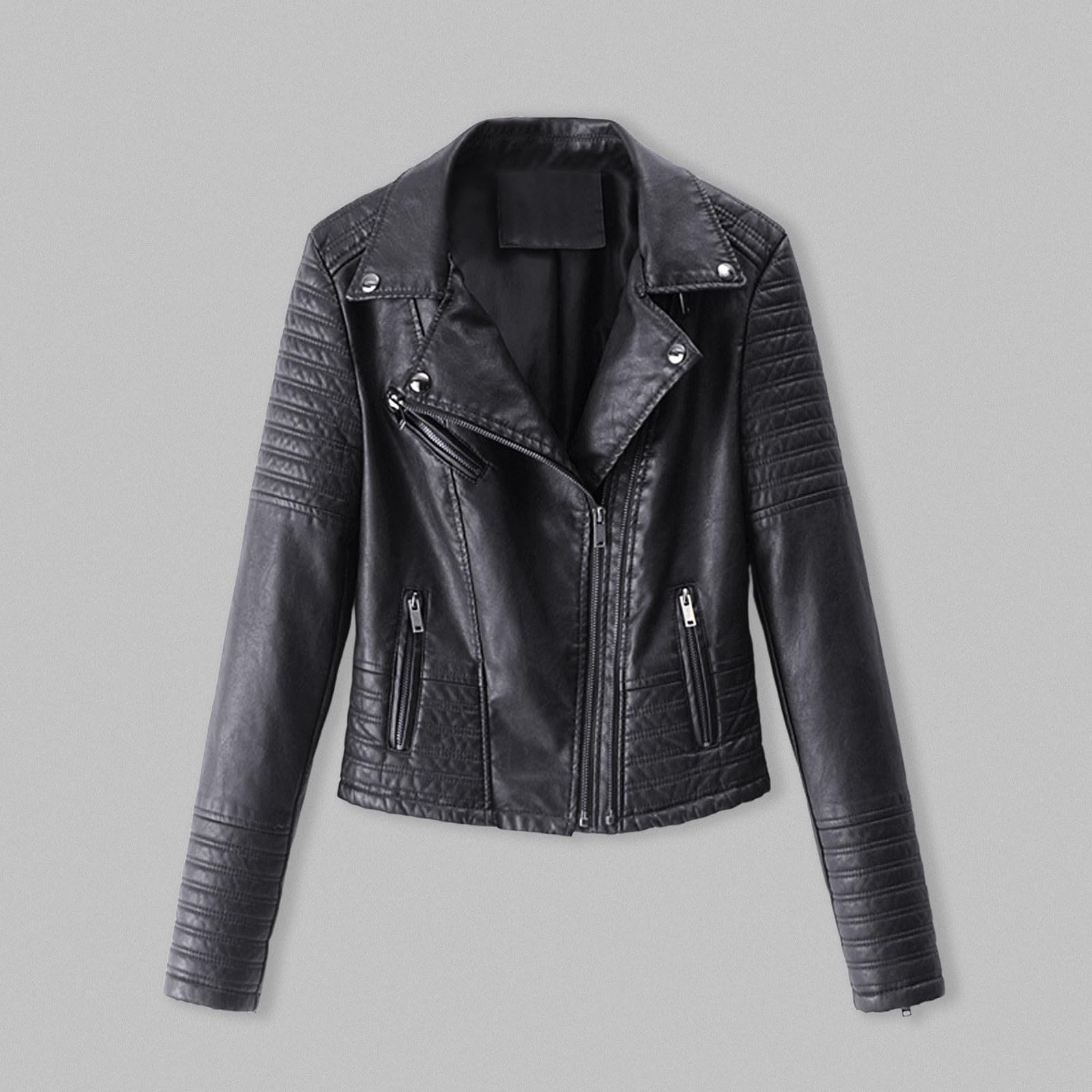 Bequem PU Jacken Damen Übergangsjacken Damen Damen Motorjacke Mantel Reißverschluss Kurz Punk Kurzmantel Cot Oberbekleidung Damen Kunstlederjacke Lederjacken Große Größen (Black, XL)
