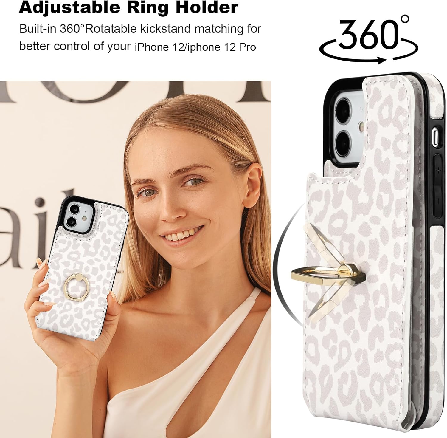 HAOPINSH for iPhone 12/ iPhone 12 Pro Wallet Case with Card Holder, 360°Rotation Ring Kickstand, White Leopard Pattern, RFID Blocking Leather for Girls Women, Double Buttons Protective Cover 6.1"
