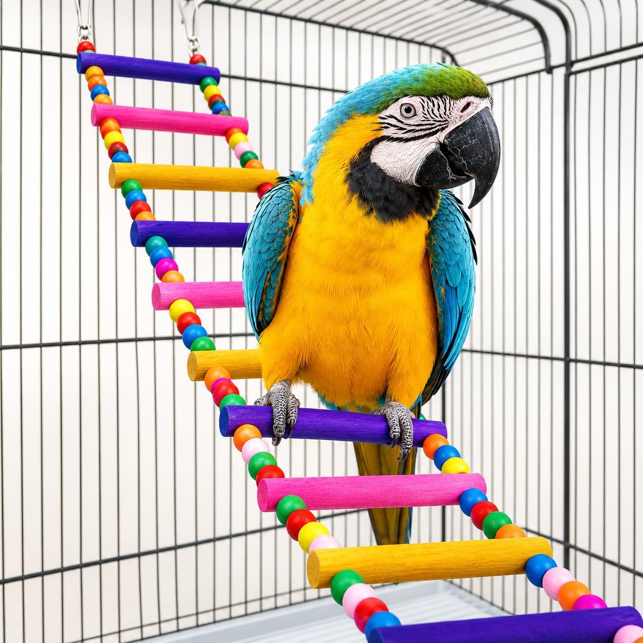 Flexible Wooden Bird Ladder Bridge for Cages, 30 in, 12 Steps | Natural wood, flexible bridge shape, four metal clasps, climbing and perching for small and medium birds