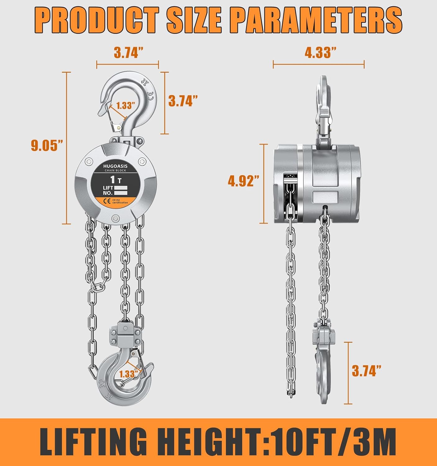 Aluminum Alloy Hand Chain Hoist 1 Ton 2200lbs Capacity 10ft,Portable Dual Brake Chain Block with Galvanized Chain, 360° Swivel Hook for Garage Warehouse Construction, Workshop Lifting,Sliver