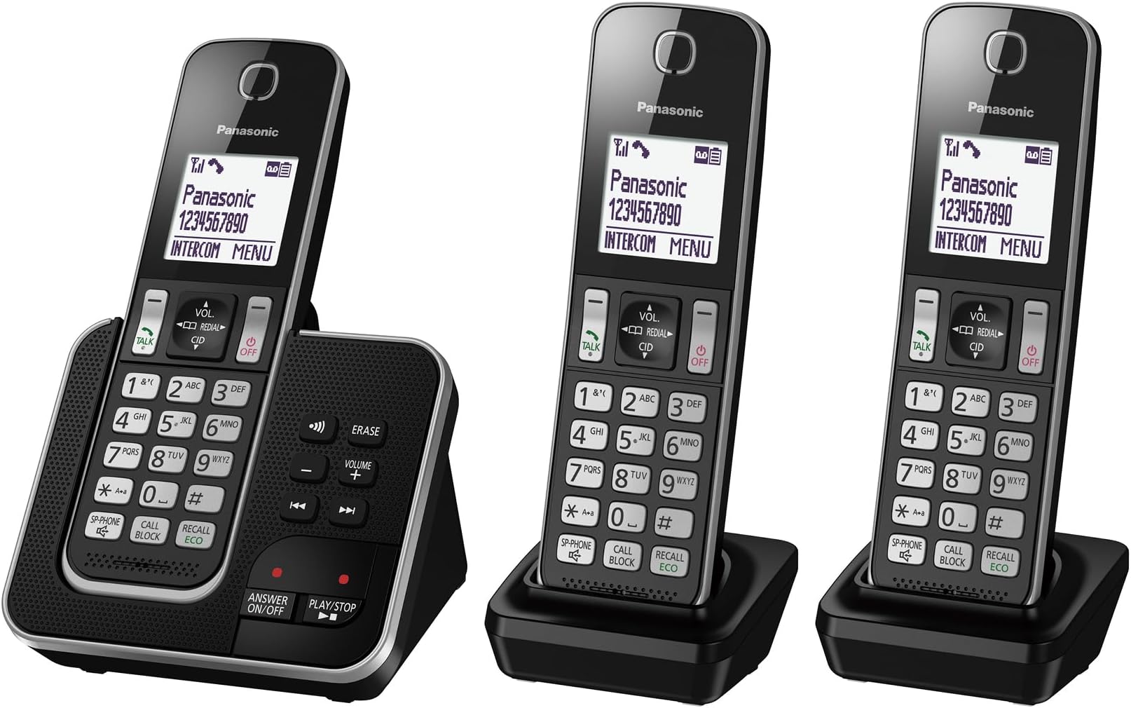 Panasonic KX-TGD623 Cordless Home Phone with dedicated call block key for easy call block registration and Digital Answering Machine - Black and Silver (Pack of 3)