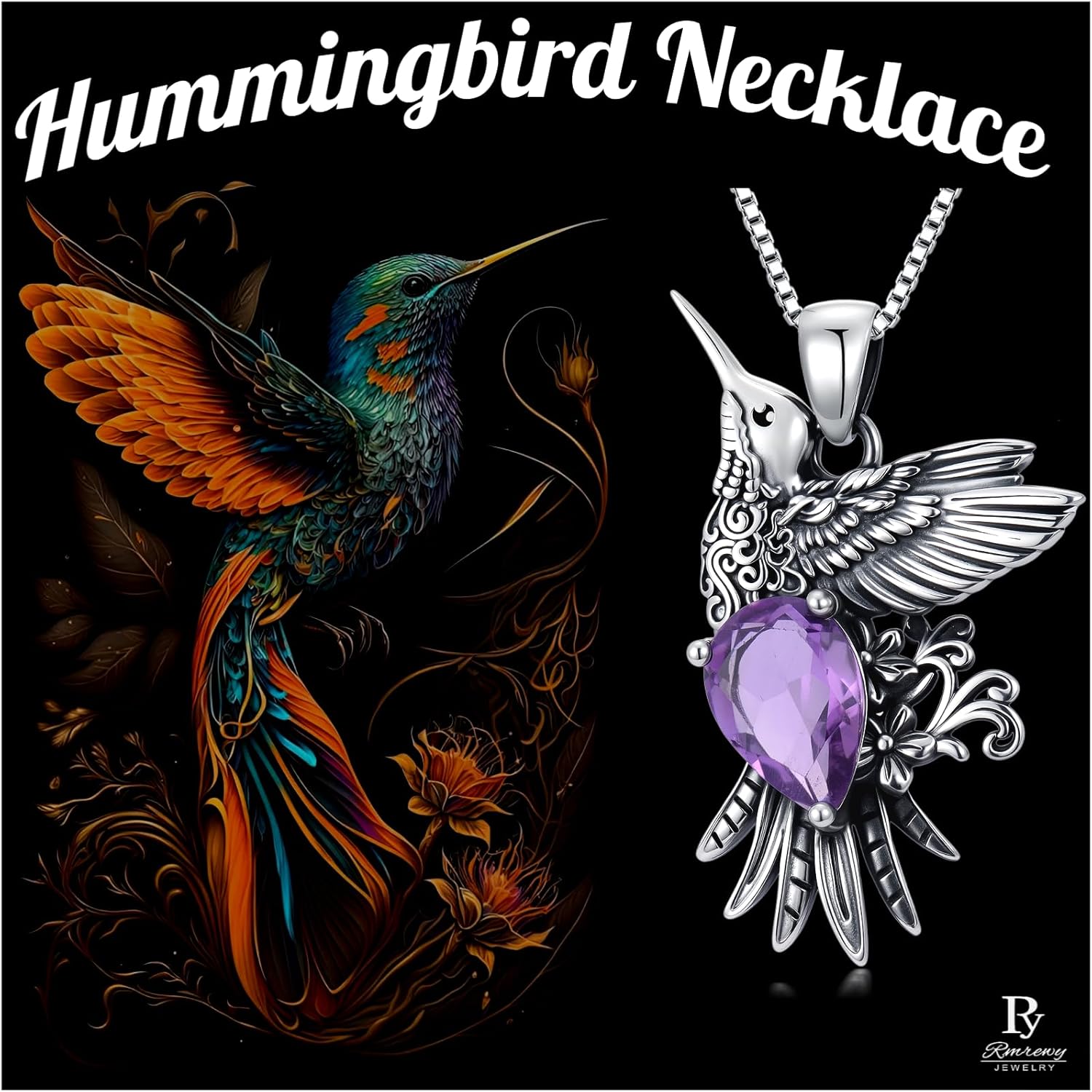 RMREWY Genuine Amethyst Hummingbird Pendant Necklace,925 Sterling Silver Native American Vintage Boho Western Pendant Real Gemstone Jewelry Birthdays Gift for Women Bird Lover - Image 8