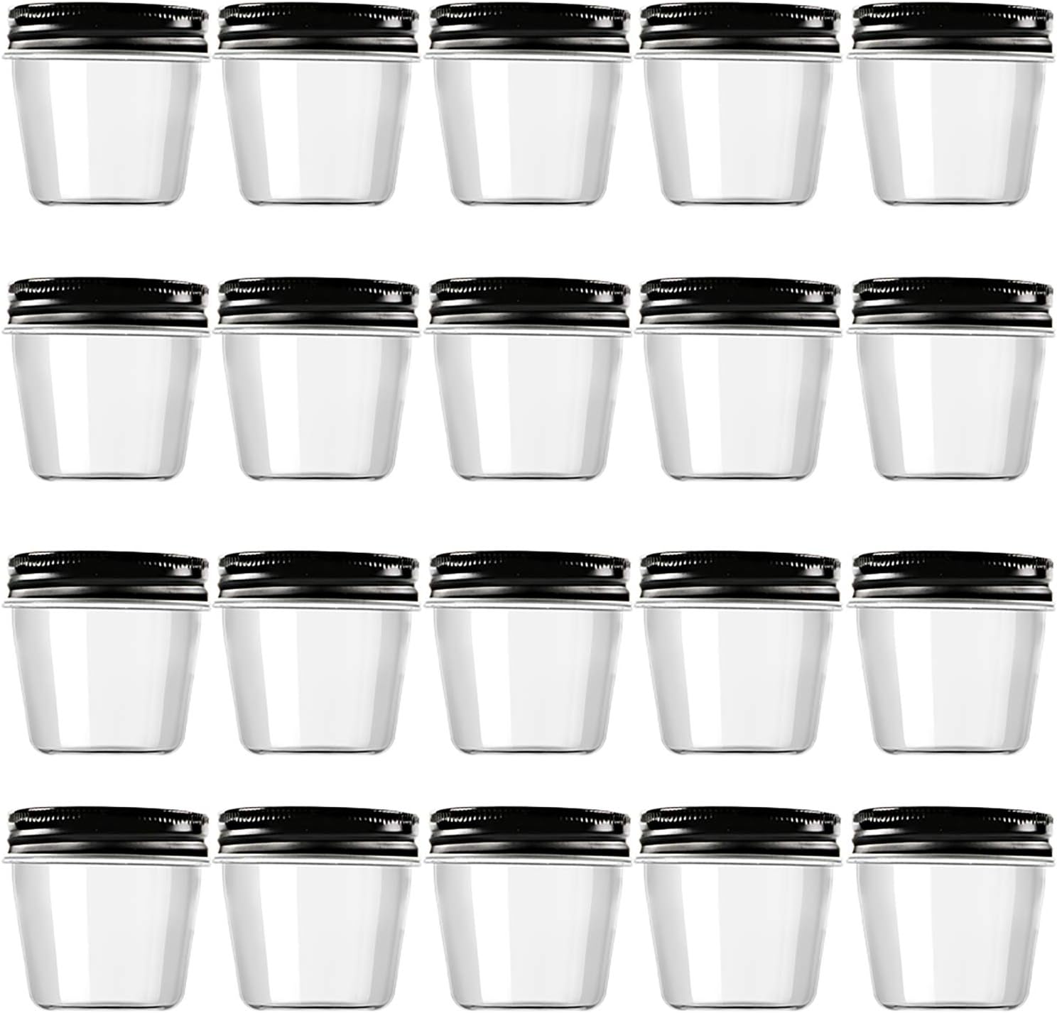 novelinks 4 Ounce Clear Plastic Jars with Black Lids - Refillable Round Clear Containers Clear Jars Storage Containers for Kitchen & Household Storage - BPA Free (20 Pack)