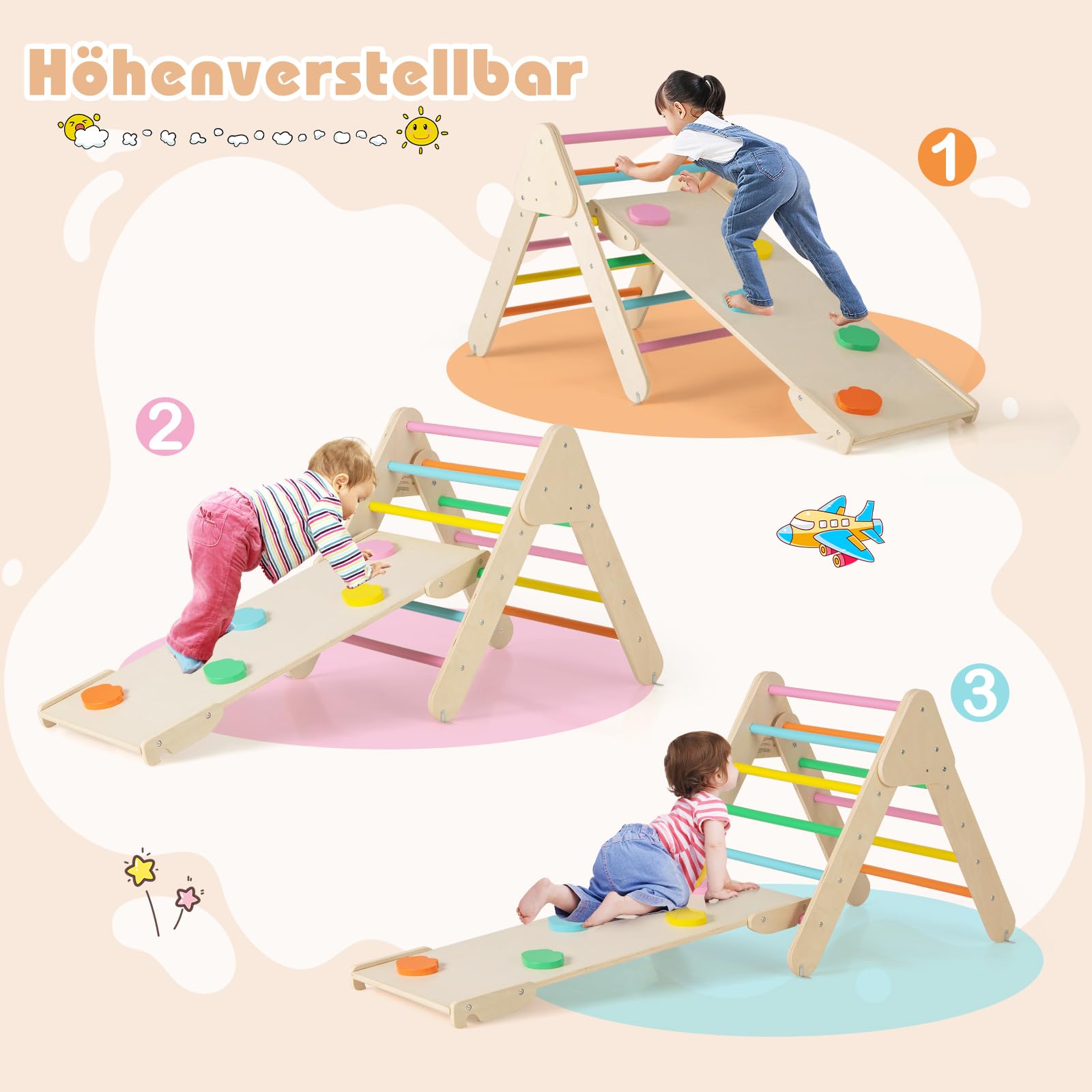 COSTWAY Klettergerüst Indoor, inkl. Kletterdreieck & Kletterbogen & Rampe, Indoor Spielgeräte Holz, Sprossendreieck Frei kombinierbar, Klettern Kinder Indoor ab 1 Jahr (Bunt)