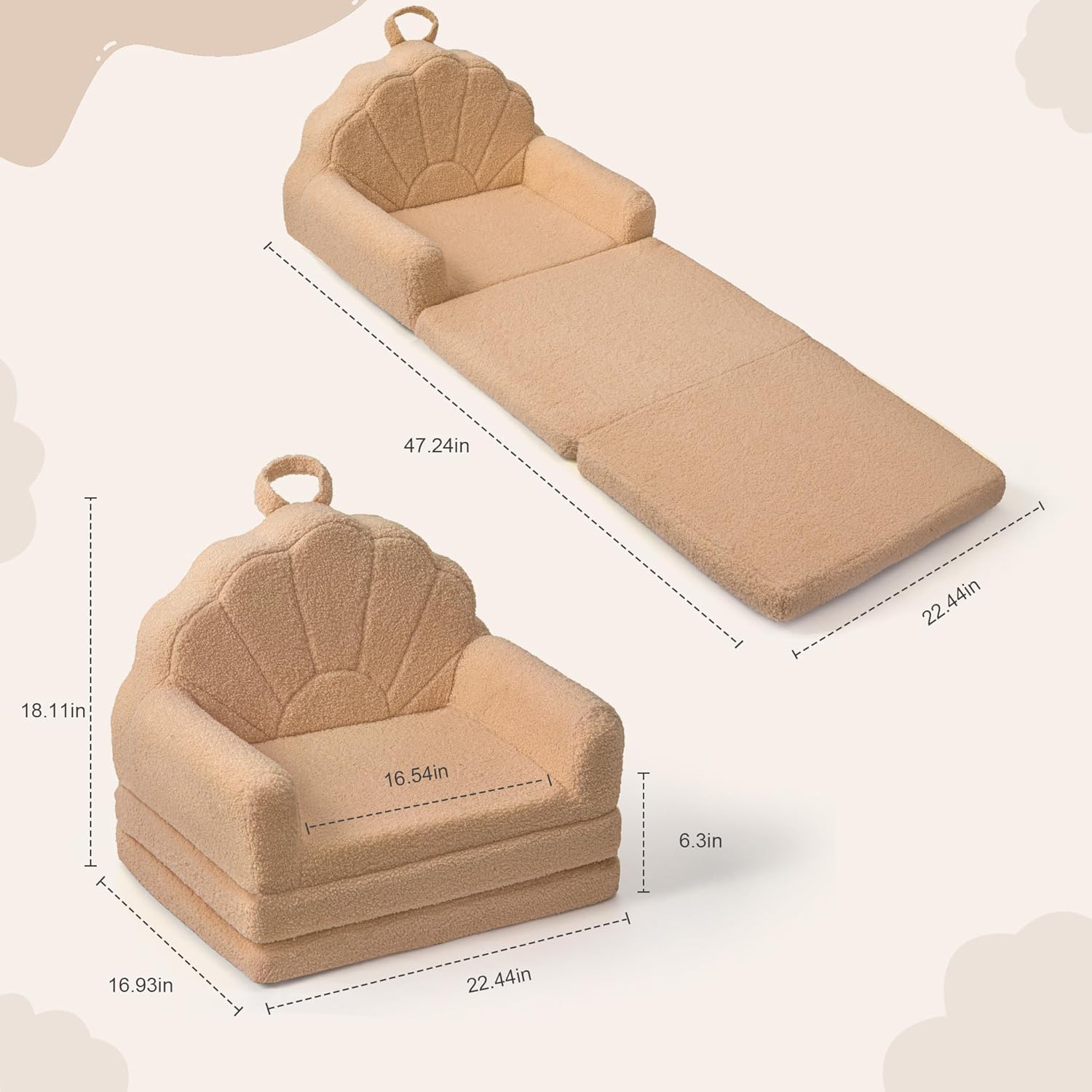 Toddler Chair for Kids, 2-in-1 Soft Couches That Fold Out for Toddler, Convertible Baby Sofa to Lounger for Playroom with Cute Petal Design, Khaki - Image 3