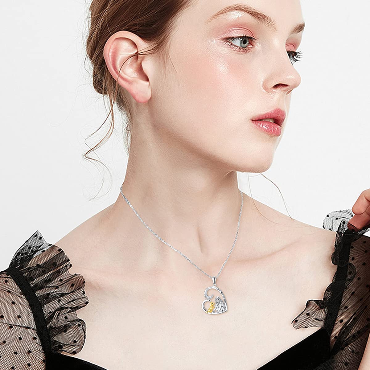 ROMANTICWORK Collana cane e bambina in argento 925 Collana con ciondolo a forma di cane a cuore d'amore Regali di gioielli per cani per le donne amanti dei cani figlia
