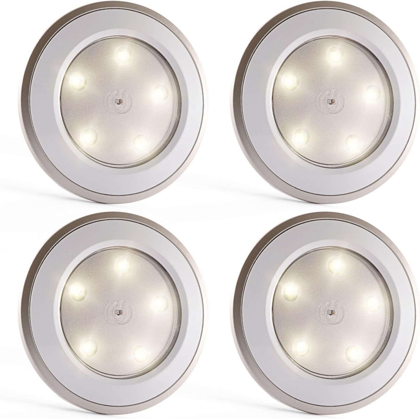 Tap Lights 5-LED USB Rechargeable Push Lights Touch Activated Stick On Battery Powered Puck Lights for Wardrobes, Closets, Cabinets, Cupboards, Counters and Storage Rooms,4 Pack (White)