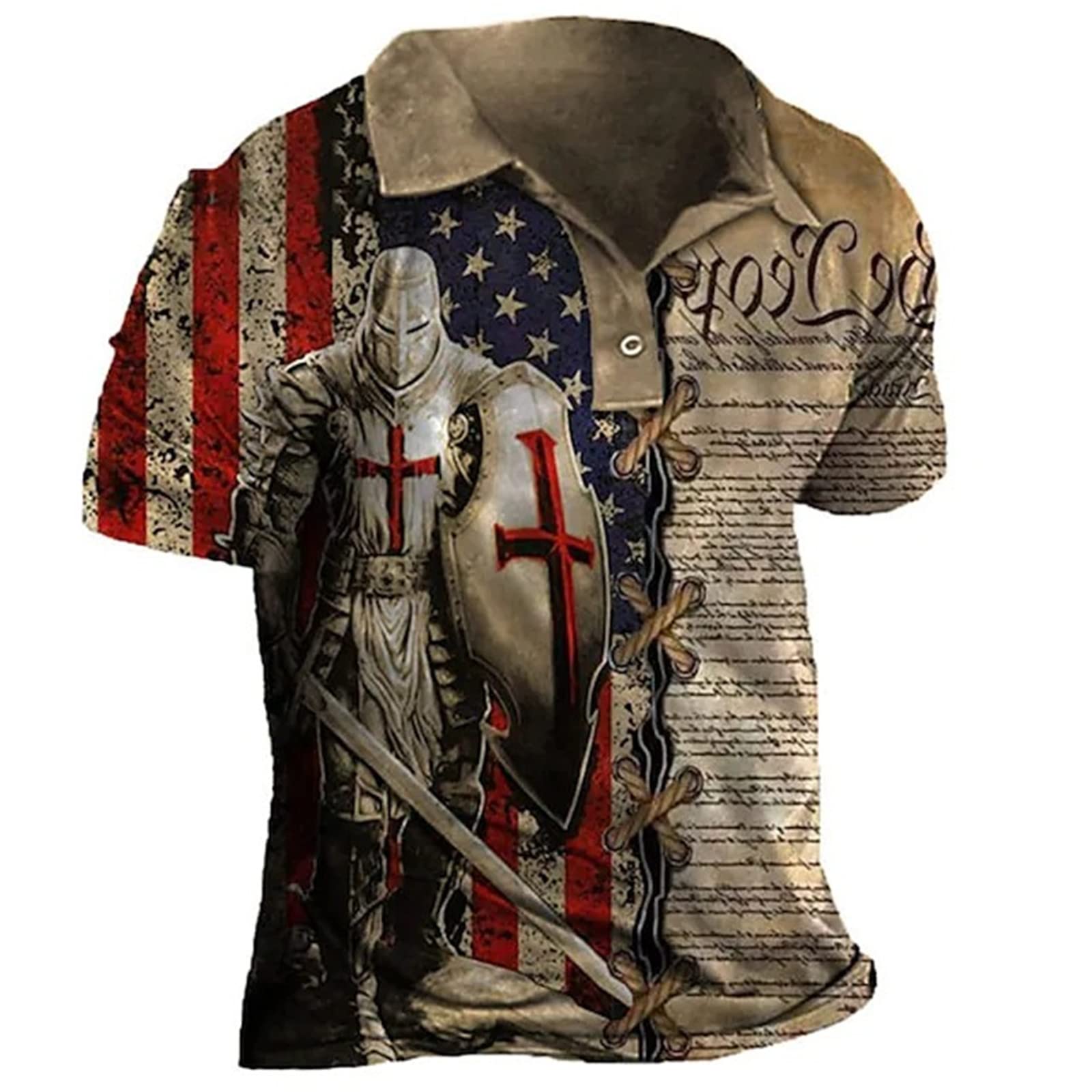Xungho Men's Multi-Color Knights Templar Printed Polo Lapel T-Shirt Outdoor Stitching Color Summer Short Sleeve Crusader Polo Shirt