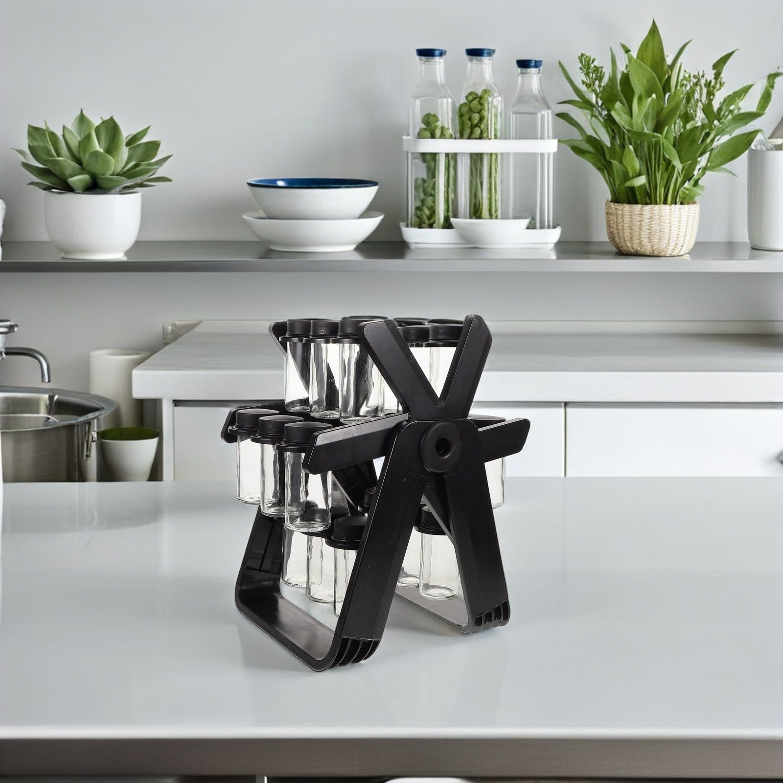 Organizador de Cocina con Frascos de Vidrio Transparentes y Estructura Ahorradora de Espacio en Forma de Noria para Almacenar Especias y Condimentos
