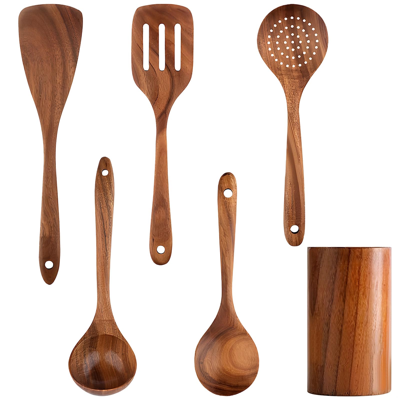 Küchenhelfer-Set aus Teakholz, antihaftbeschichtet, 6 wesentliche Teile mit langen Griffen zum Kochen und Servieren