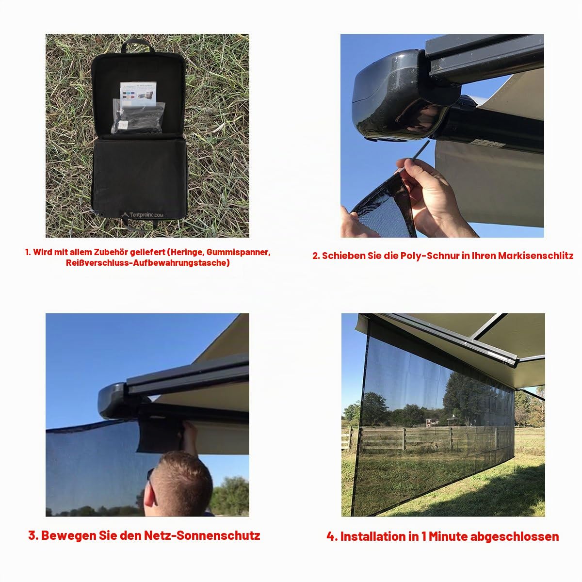 Tentproinc Wohnmobil-Markisen-Sonnenschutz, 2,1 x 4,2 m, 7,6 cm, schwarzes Netzgewebe, UV-Sonnenschutz, Komplett-Set, Wohnmobil, Camping, Anhänger, Sonnenblocker, Plane, Überdachung