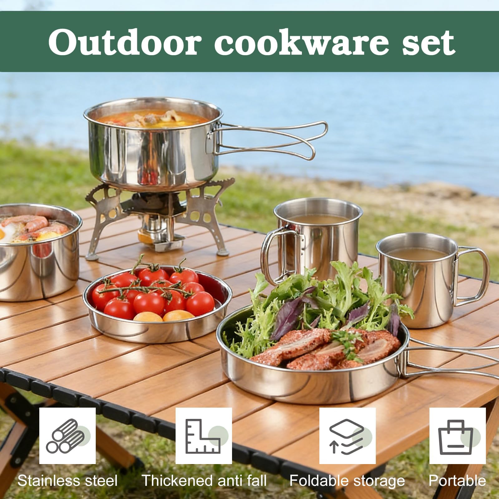Camping Kochgeschirr Set, 5-teiliges Edelstahl Camping Kochset, Camping Kochtopf, Kochgeschirr Kochset mit Deckel und Griff, Faltbar Und Stapelbar, Outdoor Camping Topf für Wandern Picknick,Reisen