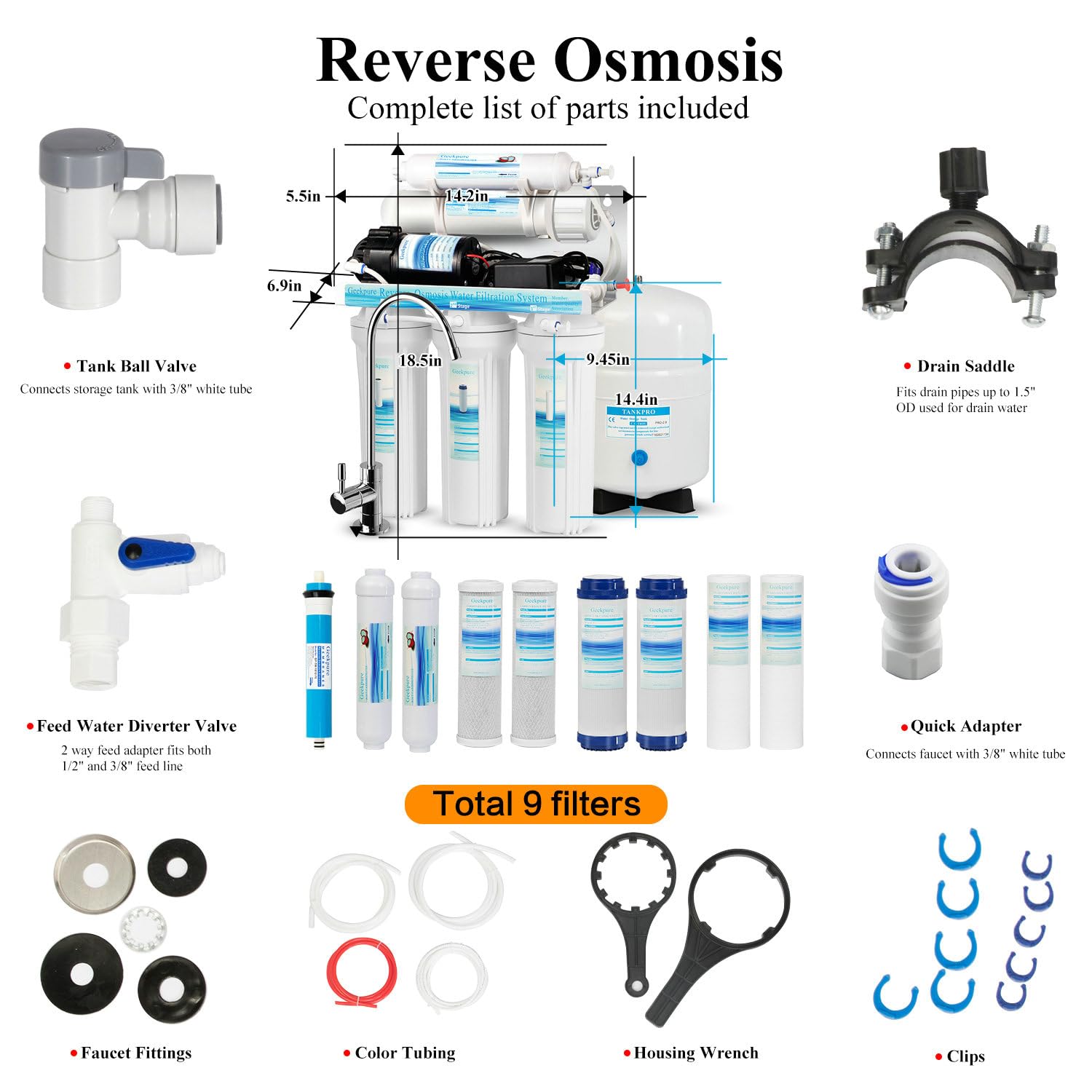 Geekpure Sistema de filtro de agua ósmosis inversa 5 etapas con bomba refuerzo y 4 filtros adicionales-75GPD | Purificador de agua debajo del fregadero con bomba de refuerzo y 4 filtros adicionales