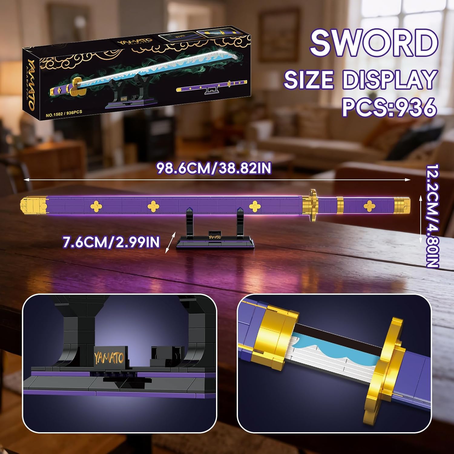 Anime Sword Building Set 936 Pieces Yamato Sword Model with Scabbard & Stand Japanese Samurai Cosplay Prop Construction Toy Hell King Style Blade Gift for Adults and Teens