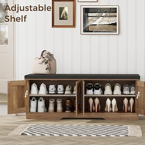 Miniatura 74 de Banco de almacenamiento de 2 niveles, banco de zapatos de 39.4 pulgadas de ancho con cojín de asiento acolchado, banco de entrada con 2 puertas de