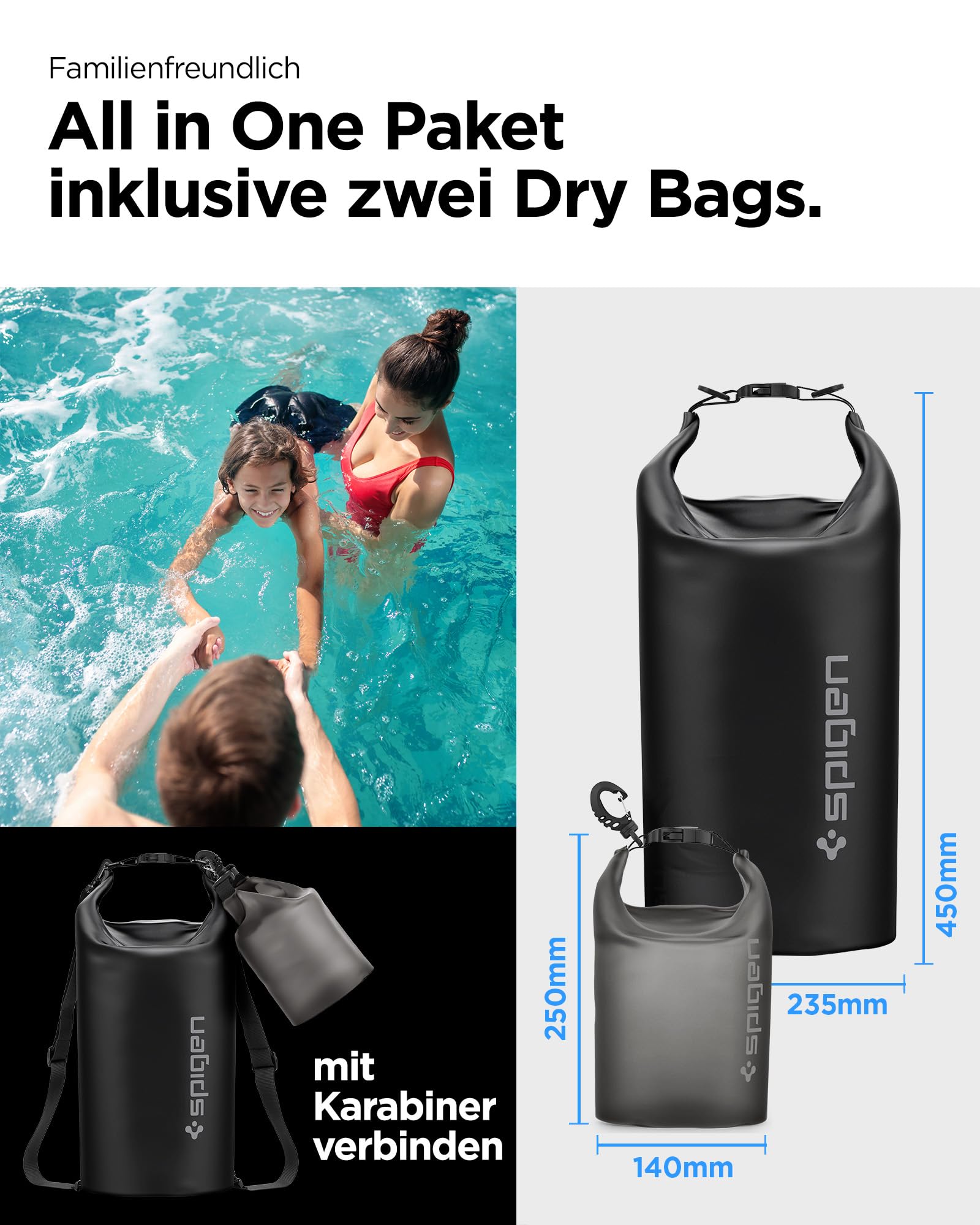 Spigen Aqua Shield wasserdichte Tasche Set [20L+2L] Dry Bag wasserfester Rucksack Beutel für Strand Schwimmen Camping Bootfahren Kajakfahren