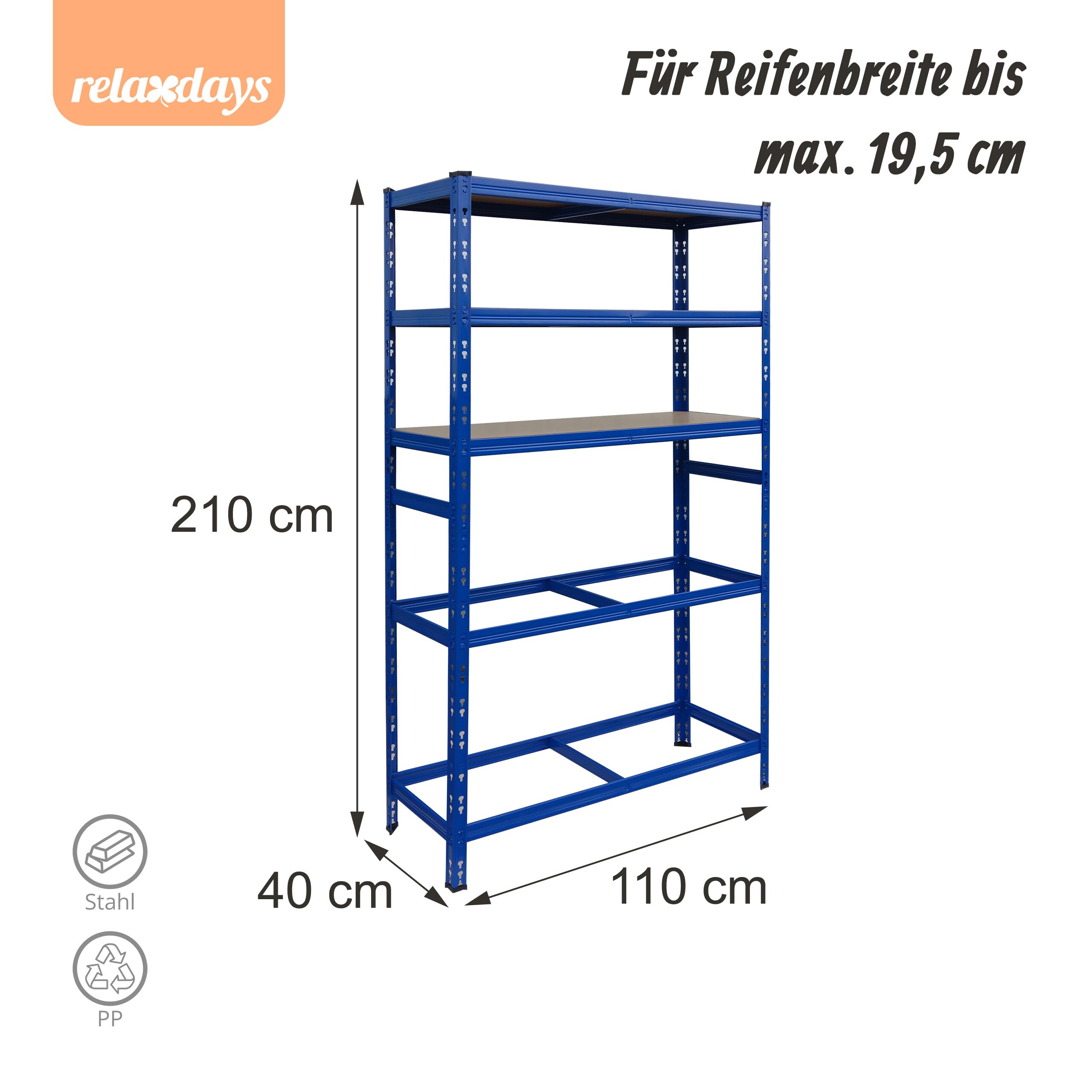 Relaxdays Reifenregal für 8 Reifen, HxBxT 210 x 110 x 40 cm, 750 kg, Stahl, Stecksystem, Reifenlager Werkstatt, blau
