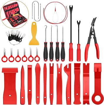 Car Trim Removal Tool Kit, 38Pcs, Auto Body Dash Dashboard Interior Removing Tools Door Panel Clip Pliers, Automotive Repair Plastic Pry Prying Tools Hook Pick Set, Radio & Door Panel Removal Red